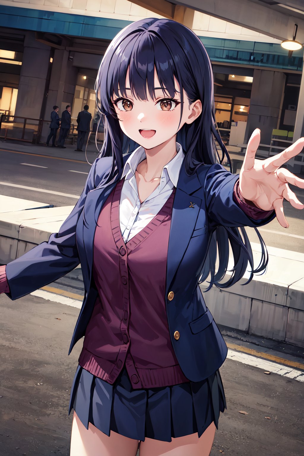 masterpiece, best quality, highres, aaanna, long hair, brown eyes, collarbone, collared shirt, purple sweater, blue jacket, blazer, open jacket, long sleeves, pleated skirt, blue skirt, miniskirt, <lora:yamada_anna_v1:0.7>, standing, cowboy shot, outstretched arms, outdoors, smile, open mouth