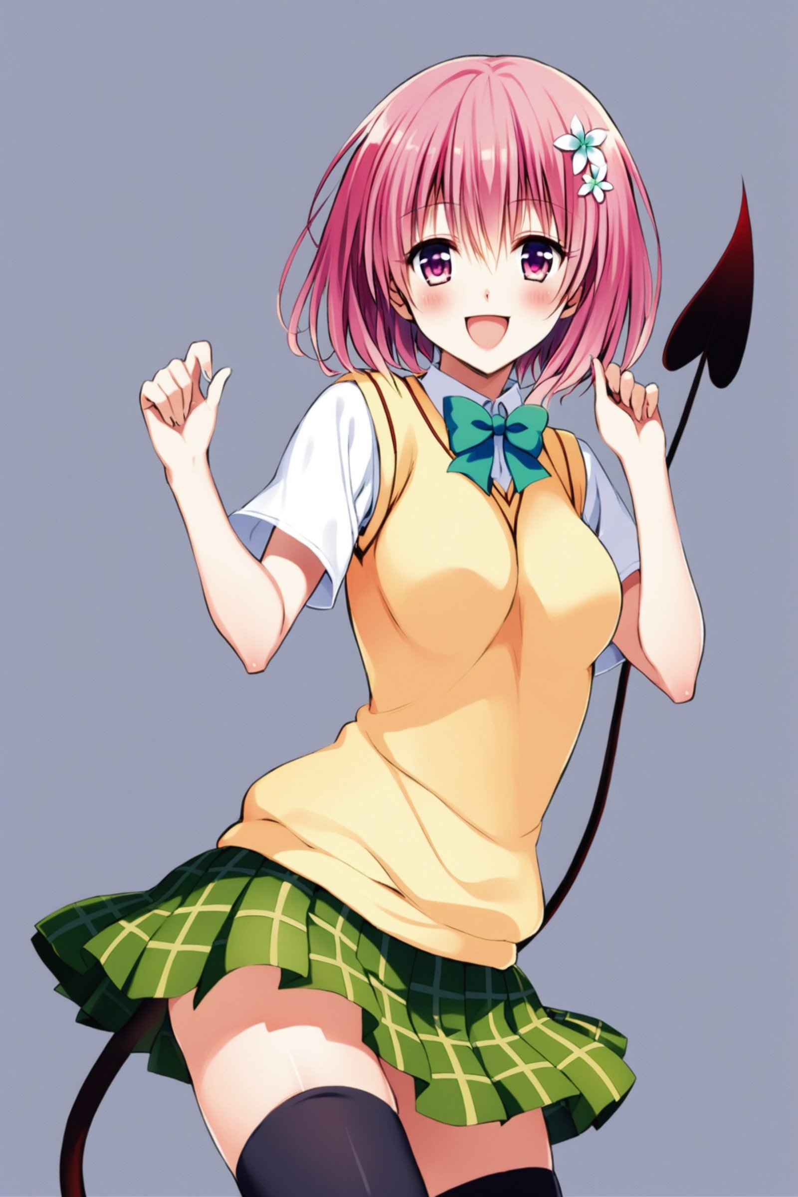 1girl,momo velia deviluke,solo,tail,thighhighs,pink hair,school uniform,smile,skirt,hair flower,open mouth,hair ornament,demon tail,zettai ryouiki,flower,sweater vest,short hair,pink eyes,black thighhighs,looking at viewer,:d,white background,bow,green skirt,simple background,pleated skirt,blush,short sleeves,shirt,plaid skirt,plaid,bowtie,<lora:Yabuki Kentarou_XL_netaArt:0.8>,