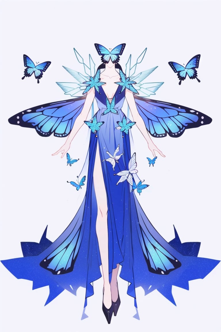 ClothingDesign, wings, bug, butterfly wings, butterfly, solo, simple background, blue butterfly, see-through, standing, blue theme, white background, blue wings, high heels, full body, crystal, male focus, barefoot, <lora:20240601-1717209436687:0.8>