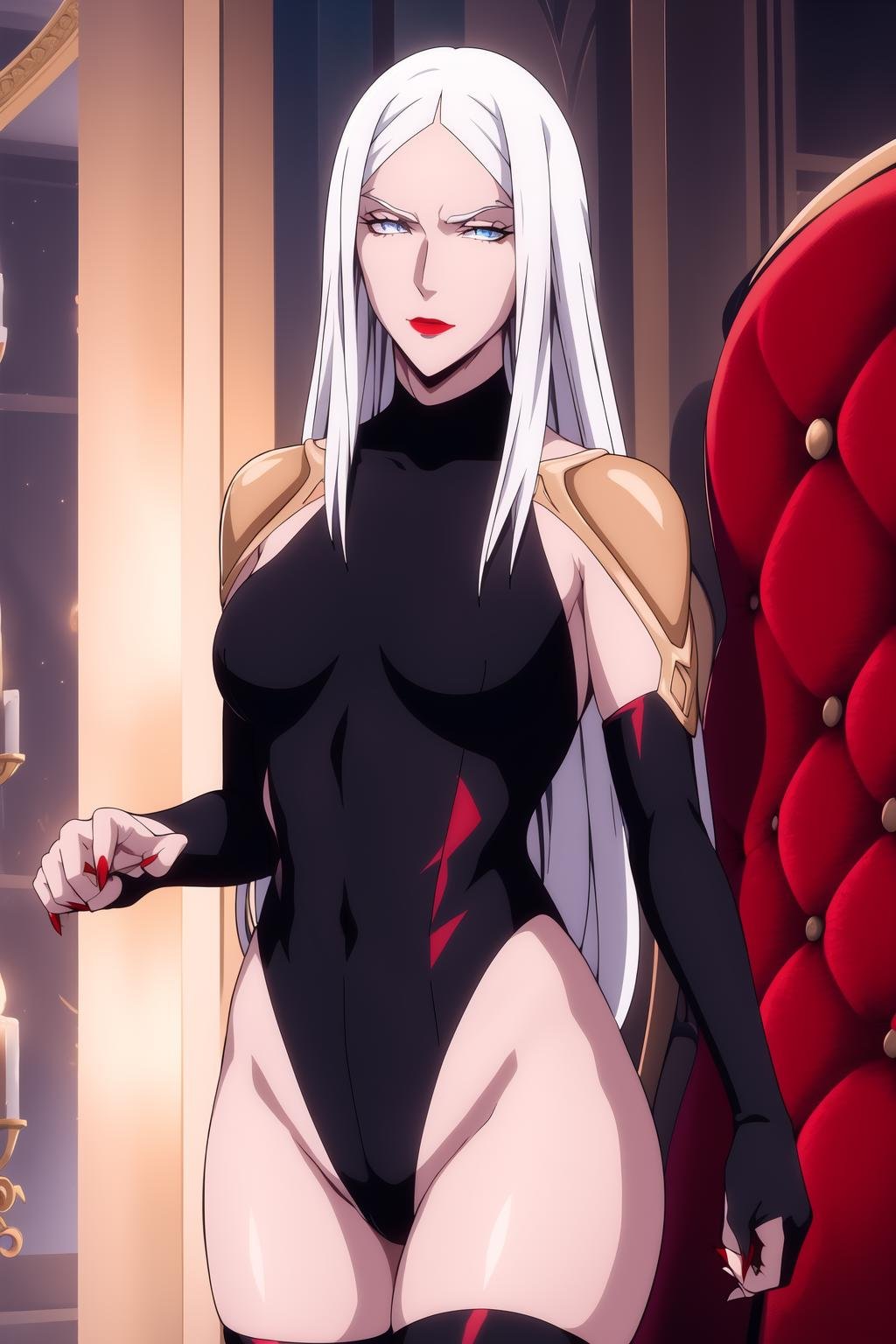 carmilla <lora:carmilla_castlevania:0.8>, medium breasts, black thighhighs, (black leotard:1.2), bridal gauntlets, highleg leotard, highleg, turtleneck, elbow gloves, white hair, beautiful face, blue eyes, closed mouth, red lipstick, (masterpiece:1.2), best quality, absurdres, highres, extremely detailed wallpaper, perfect lighting, cowboy shot, standing,