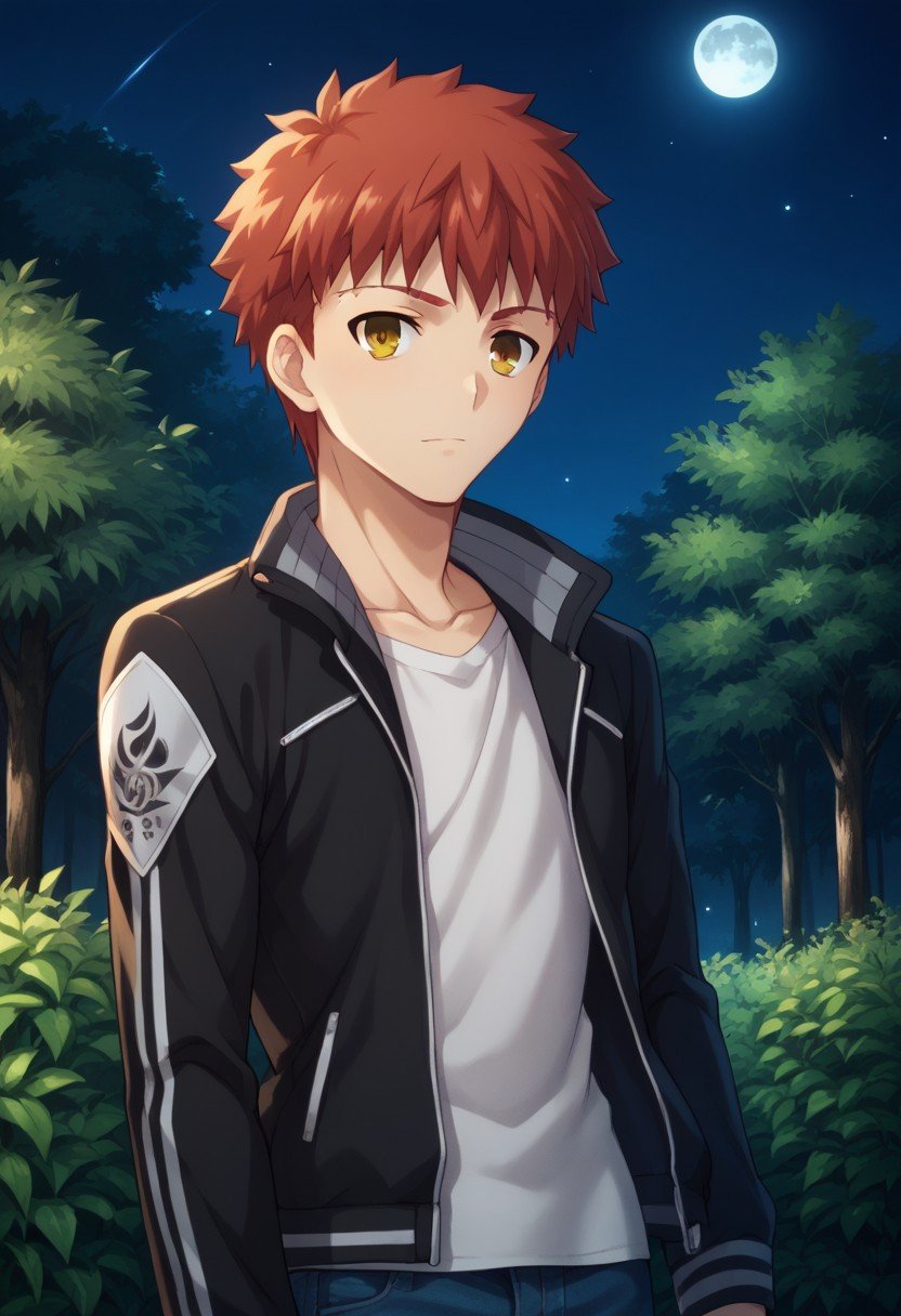 score_9, score_8_up, score_7_up, source_anime, highly detailed, shirouemiya, 1boy, male focus, solo, upper body, pants, jeans, jacket, denim, shirt,tachi-e, looking at viewer, red hair, yellow eyes, white shirt, blue pants,outdoor, trees, night, moon,