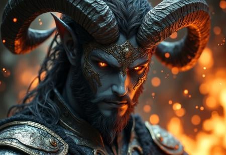 Close up portrait of an otherworldly demon with horns, glowing eyes and dark grey skin covered in black thorny vines wearing ornate silver armor in the style of fantasy art. Cinematic lighting with orange sparks and embers floating in the background create a fiery scene with high contrast, volumetric rays and bokeh. hkevil, masterpiece, best quality, highly detailed