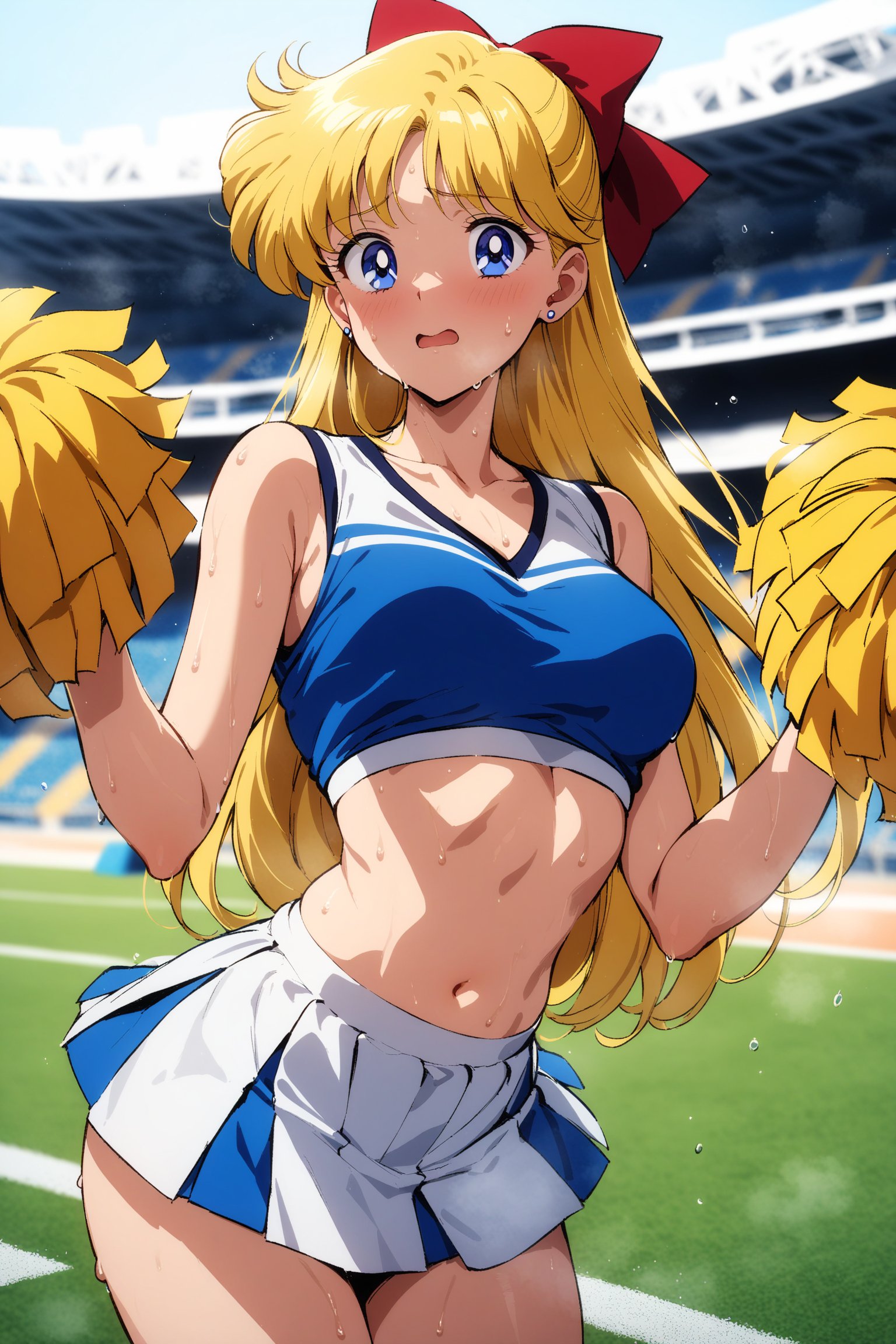 masterpiece, best quality, very aesthetic, absurdres, aavenus, long hair, blonde hair, hair bow, blue eyes, earrings, <lora:sailor_venus_XL_v1(anima):0.9>, cheerleader, pom pom \(cheerleading\), crop top, stadium, sweat, cowboy shot, hands up, 