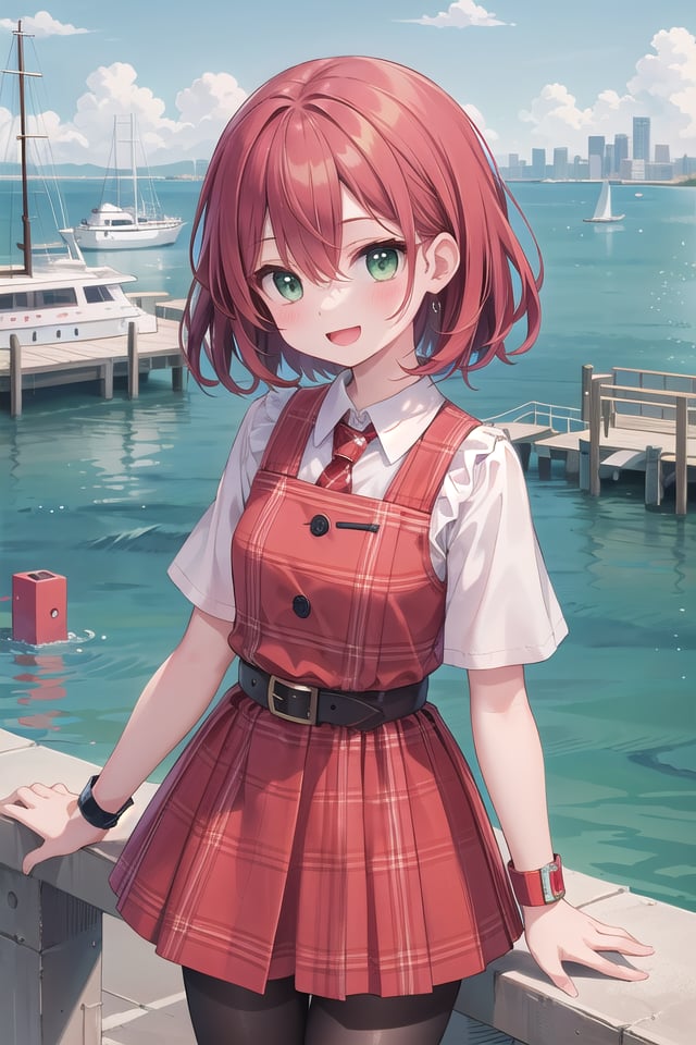 insanely detailed, absurdres, ultra-highres, ultra-detailed, best quality,1girl, solo, nice hands, perfect handsBREAK(nsfw:-1.5),(Enchant:1.4), (red theme:1.5), ((red plaid pattern, tone on tone):1.4), (idol uniform:1.2), (fusion of sleeveless (red plaid pattern) vest and red sundress:1.4), (red tie:1.4), ((red plaid pattern) multi-layered skirt with ruffles:1.3), ((red:1.3) platform HIGH boots:1.1), (red plaid pattern ribbon on head:1.3)BREAK(short sleeve white collared-shirt dress layering:1.2), (black pantyhose:1.2), (belt:1.3), (wristband:1.3), (naked skin:-1), (black vest:-1), (white vest:-1), (black skirt:-1), (white skirt:-1), (cleavage:-1.5)BREAKhappy smile, laugh, open mouth,from above,cute pose, cowboy shot, looking at viewerBREAKslender, kawaii, perfect symmetrical face, ultra cute girl, ultra cute face, ultra detailed eyes, ultra detailed hair, ultra cute, ultra beautifulBREAK(bay, sea, harbor, bay side:1.4), (cityscape in tokyo:1.3), buildings, day, blue sky, panorama view, outdoor, (indoors:-1.3), (day:1.3), (evening:-1.5), (night:-1.5), depth of field, ultra detailed background, (very wide, panorama view, sense of depth, magnificent view:1.3)BREAKmedium large breastsBREAKred hair, green eyes, messy hair, hair between eyes