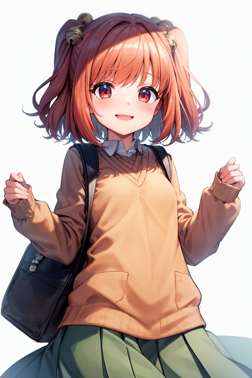 masterpiece, best quality,<lora:MotooriKosuzu:1>,1girl, hair bell, bell, motoori kosuzu, solo, two side up, hair ornament, smile, sleeves past wrists, alternate costume, bag, skirt, school uniform, orange hair, backpack, jingle bell, red eyes, simple background, contemporary, white background, short hair, blush, red hair, serafuku, looking at viewer, long sleeves, sleeves past fingers