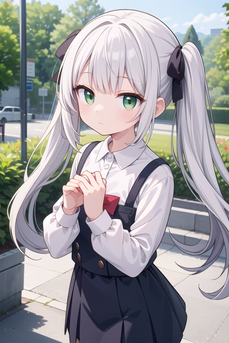 insanely detailed, absurdres, ultra-highres, ultra-detailed, best quality,1girl, solo, nice hands, perfect hands,BREAK,wearing summer school uniform,expressionless, closed mouth,standing,45 angle, cowboy shot, looking at viewer,BREAK,(tsurime:1.4),slender, kawaii, perfect symmetrical face, ultra cute girl, ultra cute face, ultra detailed eyes, ultra detailed hair, ultra cute, ultra beautiful,by Canon EOS, SIGMA Art Lens 35mm F1.4, ISO 200 Shutter Speed 2000,BREAK,in a park,silver hair, twintails, green eyes,