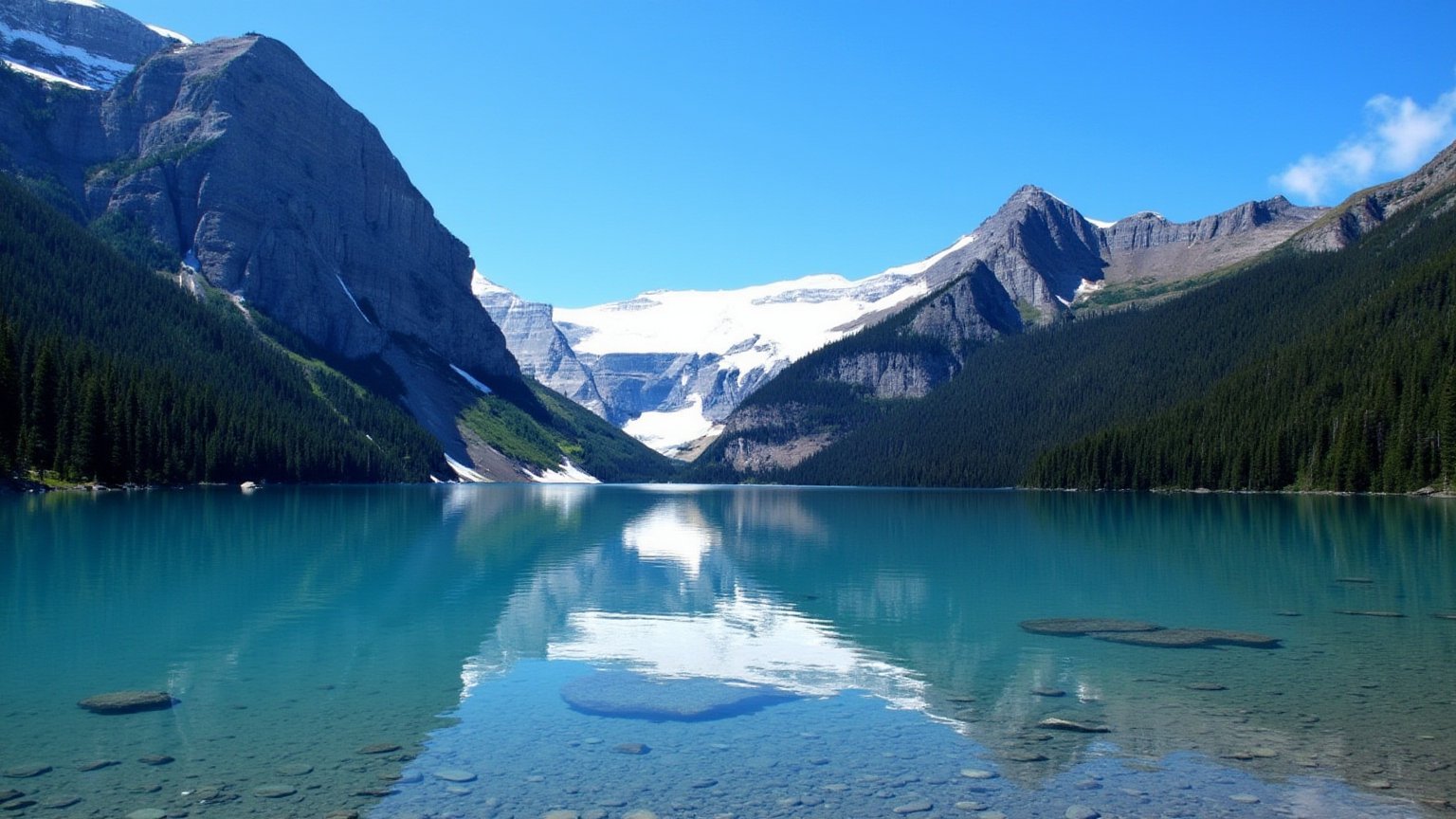 This is a high-resolution photograph capturing a serene, reflective lake surrounded by towering mountains under a clear, blue sky. The lake is calm, with its surface mirroring the majestic peaks and valleys of the mountain range. The mountains are snow-capped, indicating a high elevation, and their jagged, rocky terrain contrasts with the lush green forest that covers the lower slopes. The forest, a dense, dark green, stretches along the lake's shore, adding depth and texture to the scene. The water is crystal clear, revealing the rocky bottom of the lake, which is visible through the shallow areas. The reflection of the mountains and trees in the lake is near-perfect, creating a symmetrical and harmonious composition. The overall atmosphere of the photograph is tranquil and awe-inspiring, capturing the beauty and grandeur of nature in a pristine, untouched landscape. The colors are vivid and natural, with the blues of the sky and water complementing the greens of the forest and the whites of the snow. The image is likely taken during the day, as there are no shadows or indications of artificial light.<lora:flux_realism_lora:0.8>  <lora:us_national_parks_lora_flux_v1:1>