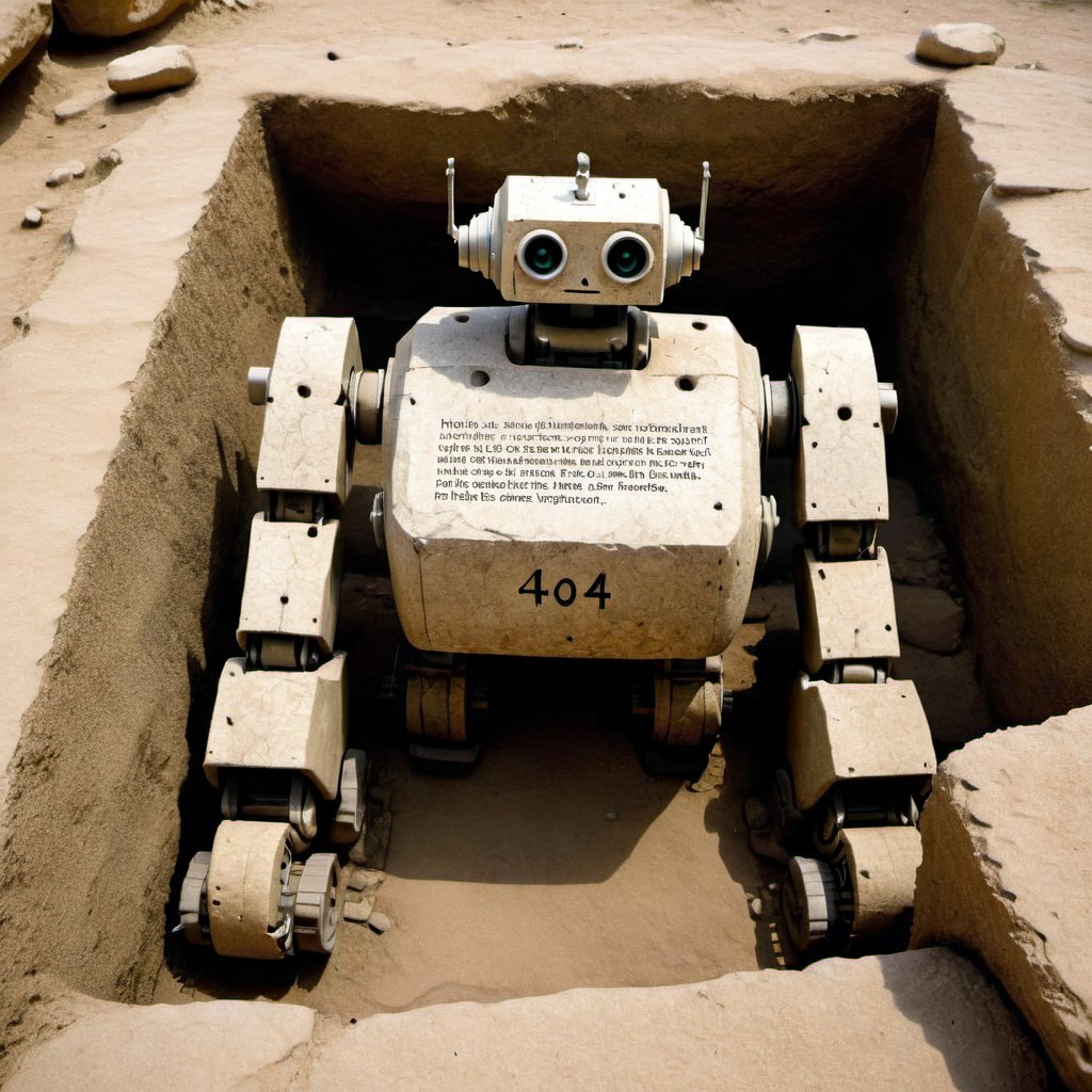 "404" text on unearthed robot, ancient archaeological site