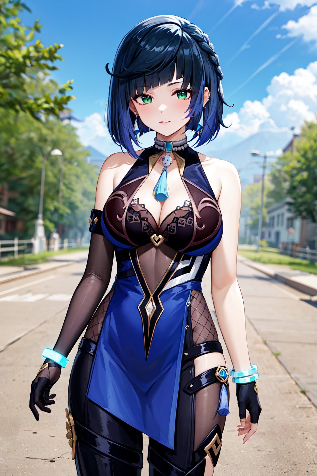 masterpiece, best quality, highres, aayelan, short hair, bob cut, braid, green eyes, earrings, neck tassel, cleavage, blue dress, sleeveless, bracelet, asymmetrical gloves, fingerless gloves, elbow gloves, pelvic curtain, <lora:yelan_v1:0.7>, standing, cowboy shot, outdoors