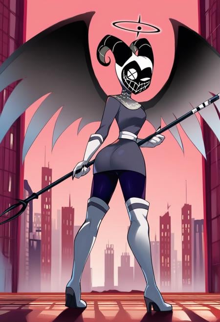 1girl, <lora:lute_hazbin_hotel_ponyxl_v1:0.9>, lute, full body, red sky, from behind, ass, looking back, profile, evil smile, half-closed eye, holding polearm, weapon, skyscraper, red building, standing, open mouth, solo, wings, horned mask, masked, grey dress, white sash, purple pantyhose, thigh boots, black halo, holding weapon, chainmail collar, cross-shaped eye,BREAKscore_9, score_8_up, score_7_up, masterpiece, best quality