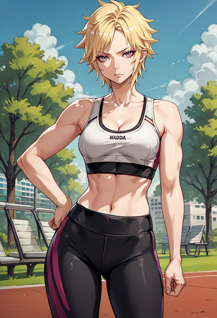 score_9, score_8_up, score_7_up, source_anime, 1girl, cowboy shot, looking at viewer, unamused, hand on hip, clenched hand, <lora:MiladySH2-pdxl:1> defMilady, short hair, medium breasts, cleavage, sports bra, yoga pants, midriff, outdoors, park, sky, cityscape