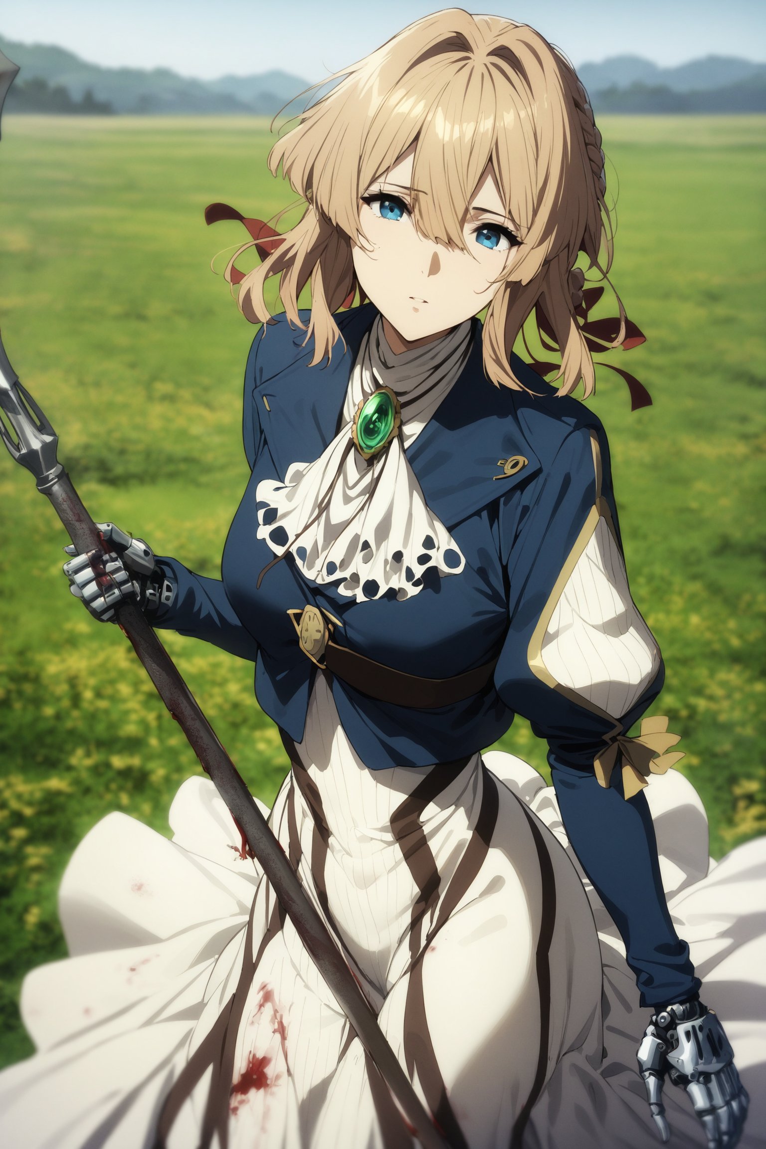 masterpiece, best quality, very aesthetic, absurdres, aave, braid, hair ribbon, red ribbon, jewelry, white ascot, brooch, blue jacket, long sleeves, mechanical hands, white dress, long dress, <lora:violet_evergarden_XL_v1(anima):0.9>, holding weapon, polearm, field, (blood:1.3), cowboy shot, looking at viewer, 