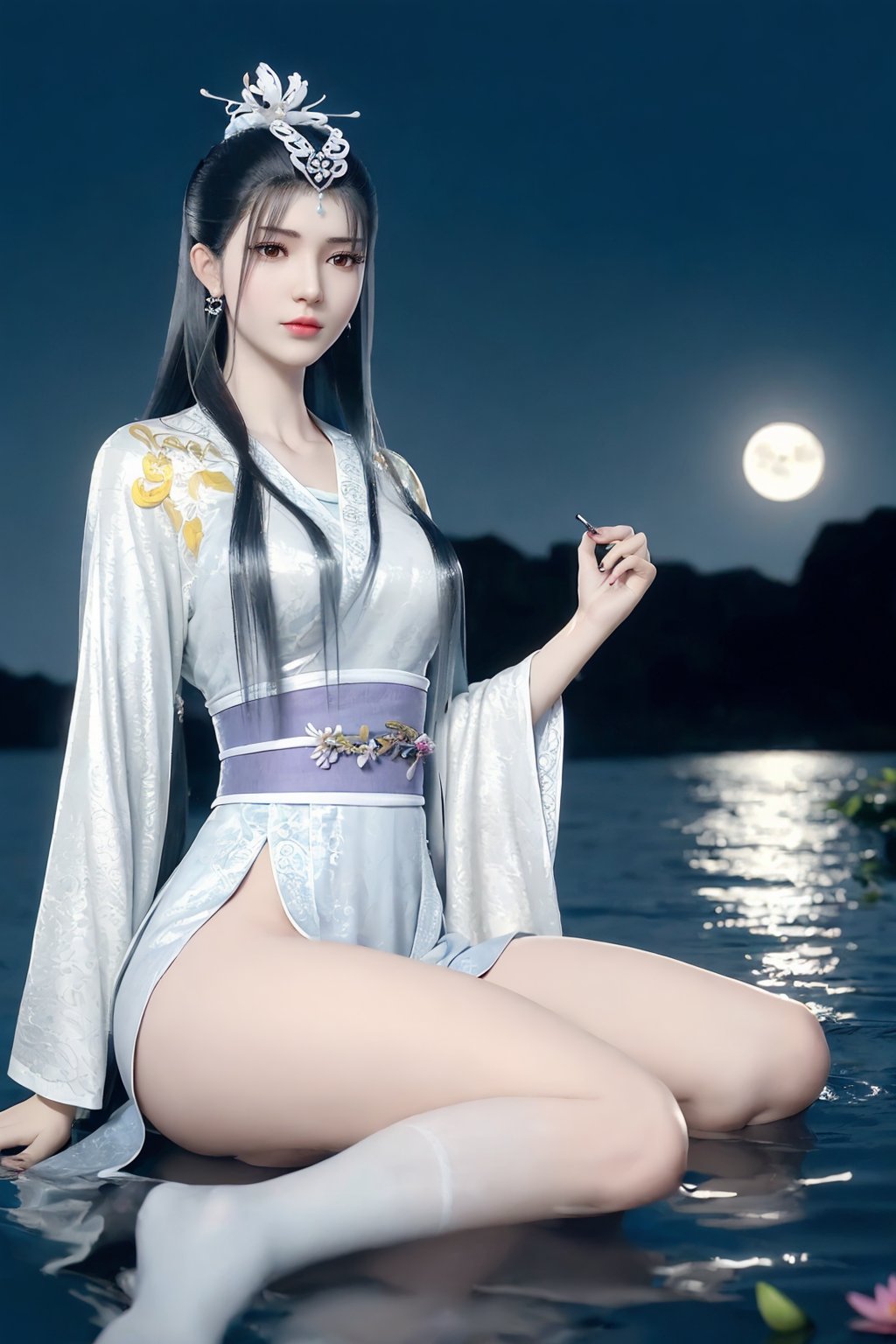 cinematic film still (8k, RAW photo, best_quality),(highly_detailed),(masterpiece:1.2),(ultra-detailed),(extremely_detailed_cg_8k_wallpaper),(scenery, flower, full_moon, moon, night, lily_pad, lotus, moonlight, water, night_sky, lily_\(flower\),sky, partially_submerged, wading),<lora:syqiangk_加强_千Y膤_C9_5.2:0.8>,1girl, solo, black_hair, long_hair, hair_ornament, eyeshadow, eyelashes, jewelry, earrings, makeup, medium_breasts, white_legwear,fingernails,nail_polish,medium_shot,(texture_skin:1.3),(shiny_skin:1.4), sitting, (wariza), dress, chinese_clothes, long_sleeves, detached_sleeves, wide_sleeves,  hanfu, looking_at_viewer . shallow depth of field, vignette, highly detailed, high budget, bokeh, cinemascope, moody, epic, gorgeous, film grain, grainy