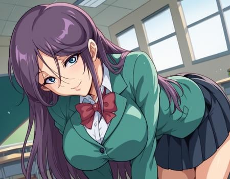 score_9, score_8_up, score_7_up, source_anime,reikashichijou, <lora:reika-shichijou-ova-ponyxl-lora-nochekaiser:1>,reika shichijou, long hair, blue eyes, large breasts, purple hair,school uniform, blazer, green blazer, long sleeves, skirt, black skirt, pleated skirt, bowtie, red bowtie,indoors, classroom, bent over, smile,looking at viewer, cowboy shot, solo, dutch angle,