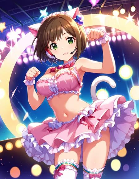 score_9, score_8_up, score_7_up, source_anime,pinup of 1girl solo, idol concert, dancing, paw pose,  headset, stage, musical theme, curtain, coach, stage lights,  <lora:MaekawaMiku_pony_v1:0.8>mekwmk, short hair, brown hair, bangs, green eyes, large breasts, medium breasts, white cat ear, white cat tail, fang,idol costume, pink dress, off detailed embroidery, midriff,  zthighhighs, ettai ryouiki, detailed eyes, 