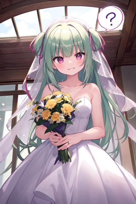 1girl, murasame, two side up, wedding dress, smile, head tilt, spoken question mark, parted lips, indoors, holding bouquet, lens flare, chromatic aberration, veil, <lora:Murasame-06:1>,