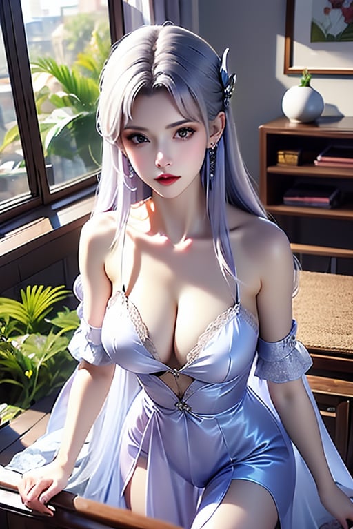 1girl, breasts, solo, dress, long hair, looking at viewer, large breasts, cleavage, white hair, plant, purple dress, potted plant, bare shoulders, indoors, jewelry, red lips, window, pantyhose, realistic, grey eyes, detached sleeves, table, earrings, collarbone, hair ornament, thighs, standing, closed mouth, lips, artist name