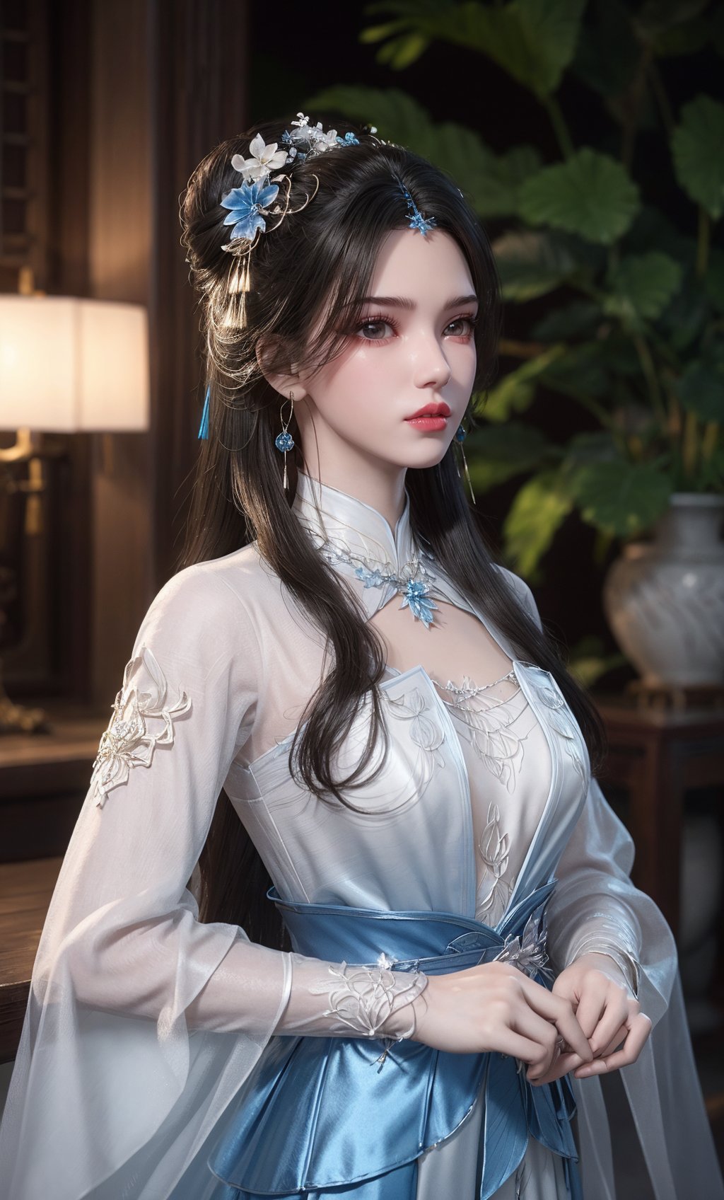 (Solid background:1.2),masterpiece,(best quality),official art,extremely detailed cg 8k wallpaper,(extremely delicate and beautiful),,solo,realistic,photo_\(medium\),portrait,facial tattoo,(chinese clothes,, gown, jewelry , long hair,white gown,blue gown, long sleeves),adfxx,1girl,portxx,solo,earrings,flowerhair bun,hair flower,black hair,hair ornament,realistic,<lora:40muwan_v4.1:0.6>,adfxx,