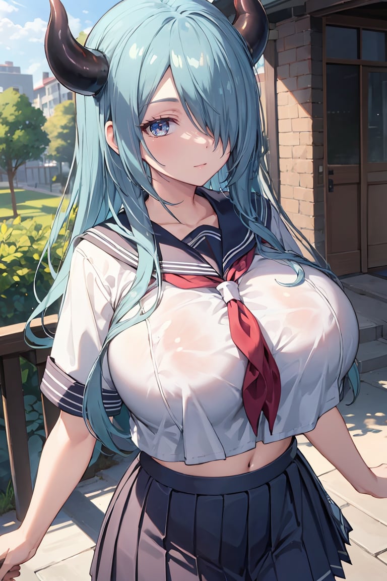 masterpiece, best quality, ultra-detailed, glistening shiny, glowing light, ray tracing, HDR, deph of field, (perfect face, detailed face), <lora:RosaryCornelica:0.7>, rosarycornelica, long hair, hair over one eye, demon horns, huge breasts, school uniform, serafuku, pleated skirt, walking, outdoors