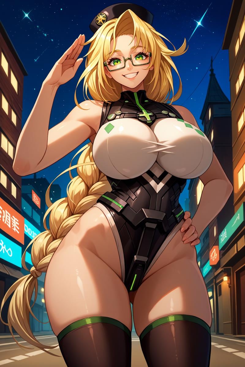 score_9, score_8_up, score_7_up, score_6_up, source_anime, 1girl, solo <lora:emilysimmons-pdxl-nvwls-v1-000005:1> esimmons, blonde hair, green eyes, braided ponytail, very long hair, glasses, black hat, black and white leotard, sleeveless, black thighhighs, huge breasts, looking at you, happy, night, city, hand on hip, salute