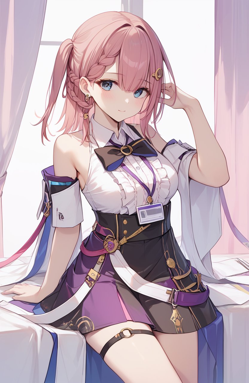 <lora:艾丝妲2pony:1>,xtasta,a girl named xtasta,1girl,braid,white shirt,sleeveless shirt,one side up,id card,detached sleeves,black skirt,black bowtie,center frills,collared shirt,thigh strap,, (score_9,score_8_up,score_7_up),(masterpiece,best quality,high quality:1.2),absurdres,