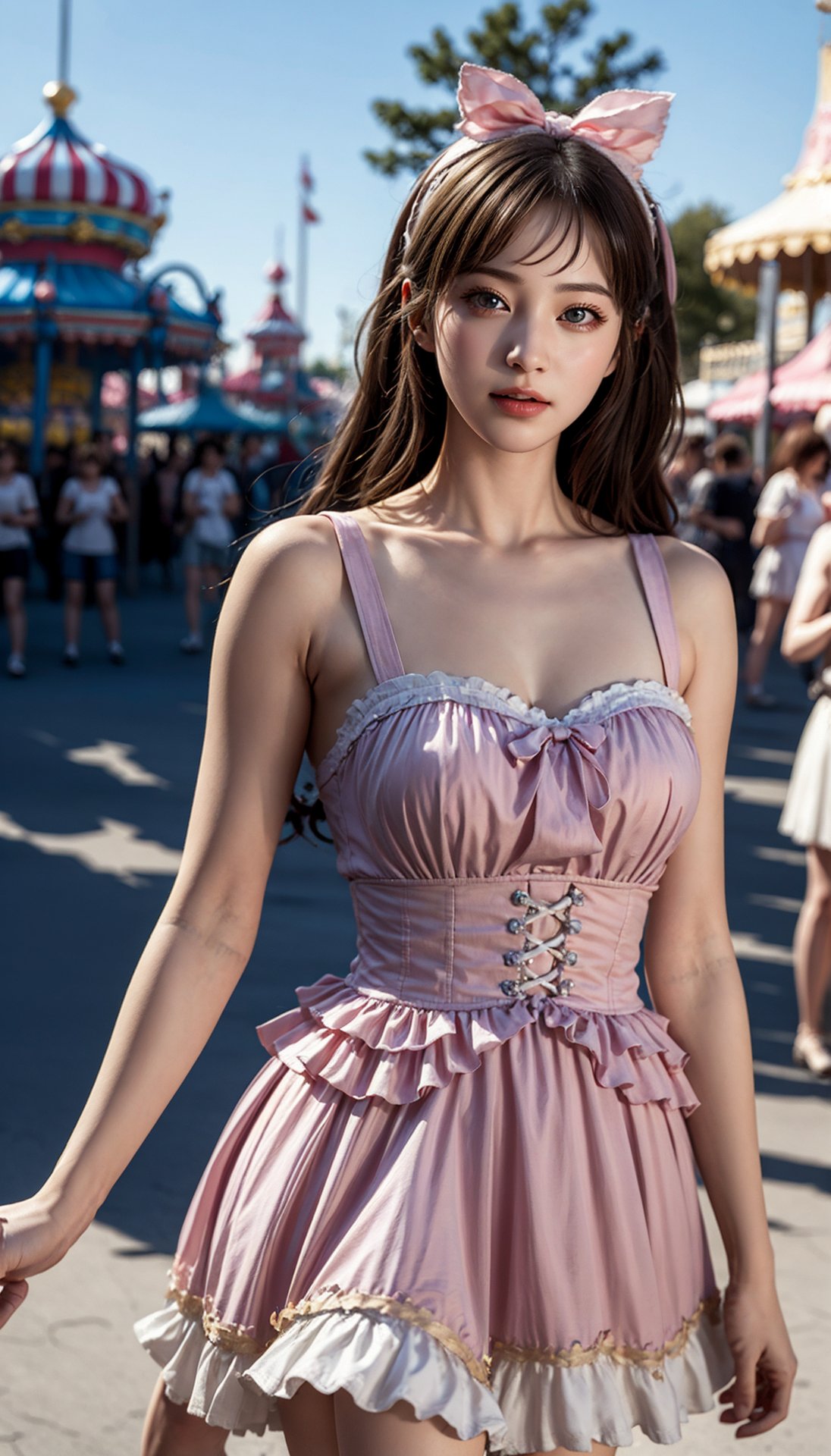 (best quality, masterpiece:1.2),ultra detailed,(photo realistic:1.4),1girl,amusement park in the background,colorful_gothic_dress,<lora:ColorfulGothicDress_v1-K:0.5>,