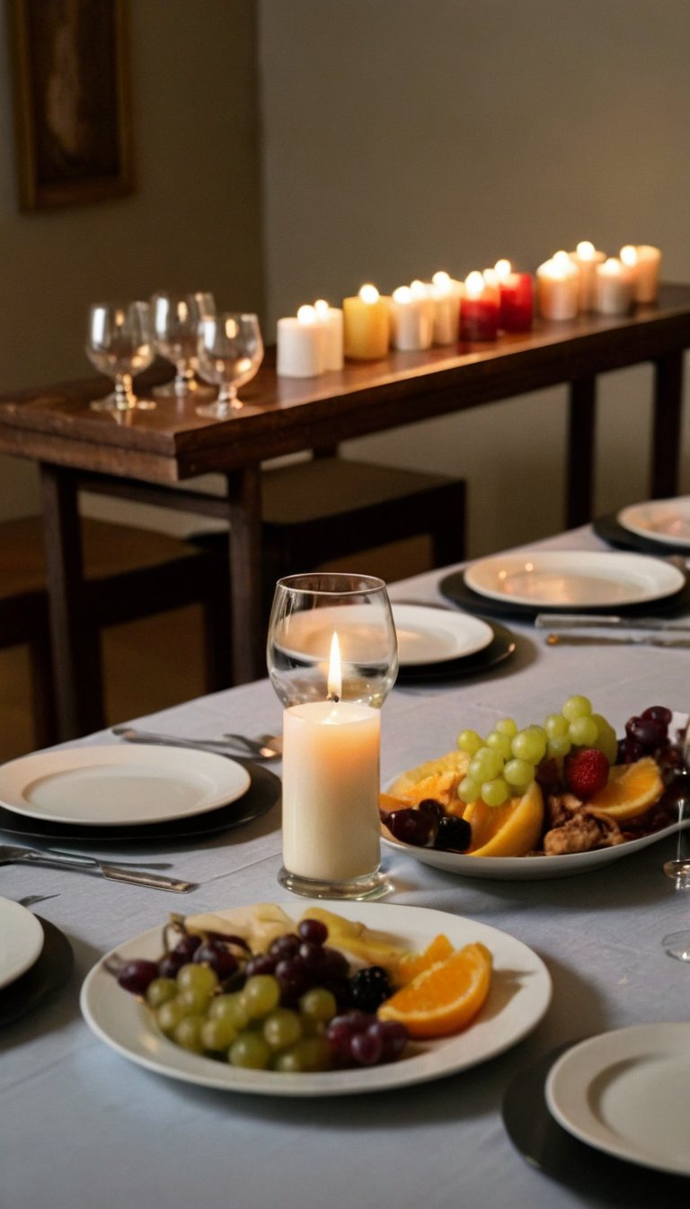 a long table with a candle and plates of food on it and a plate of food on the table,letterboxed,bottle,food,alcohol,plate,no humans,food focus,blurry,table,still life,cup,fruit,drinking glass,depth of field,bowl,wine bottle,candlestand,