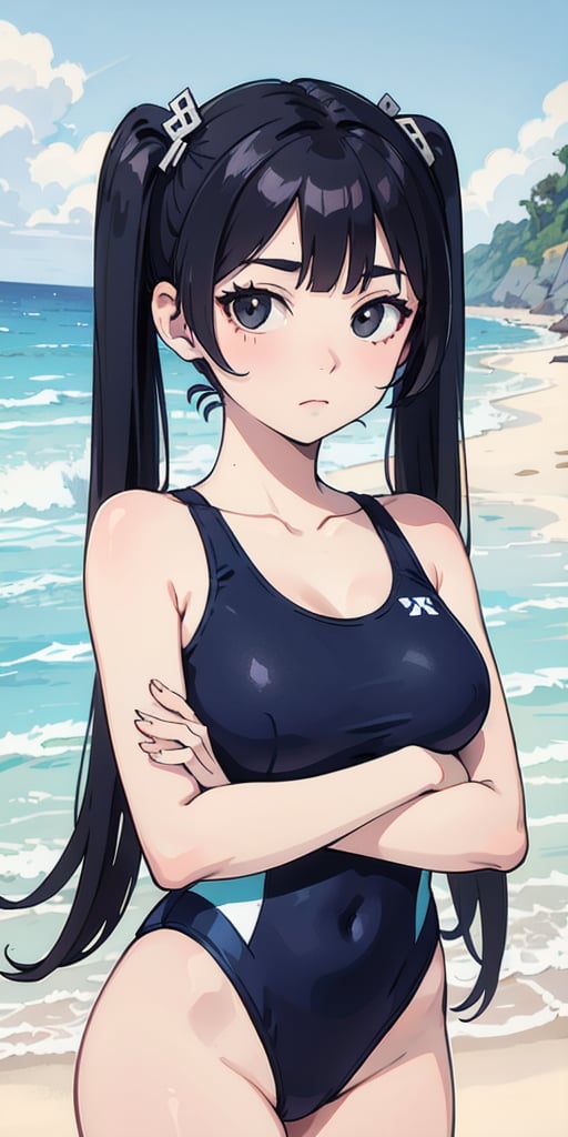 1girl, solo, long hair, looking at viewer, black hair, hair ornament, twintails, closed mouth, swimsuit, cowboy shot, outdoors, day, black eyes, one-piece swimsuit, ocean, beach, crossed arms, blue one-piece swimsuit, realistic