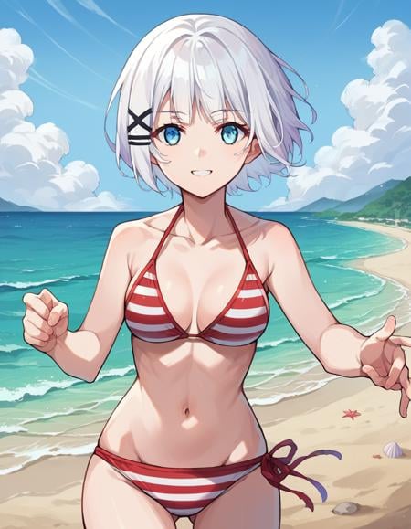 score_9, score_8_up, score_7_up, source_anime,siesta, <lora:siesta-ponyxl-lora-nochekaiser:1>,siesta, short hair, bangs, blue eyes, hair ornament, white hair, hairclip, smile,bikini, striped bikini, red bikini, navel, collarbone,outdoors, beach,looking at viewer, cowboy shot, dynamic pose,