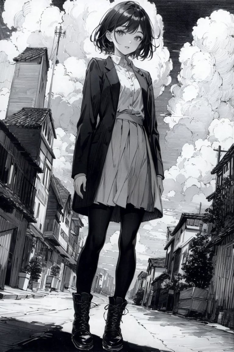 ((HRD, HUD, 8K)),((masterpiece, best quality)), highly detailed, soft light,PenDrawing, 1girl, monochrome, greyscale, solo, building, cloud, outdoors, sky, coat, hatching (texture), cloudy sky, city, medium hair, standing, dutch angle, skirt, long sleeves, pantyhose, looking at viewer, boots, parted lips, short hair, skyscraper, full body, <lora:20240502-1714613055003:0.8>