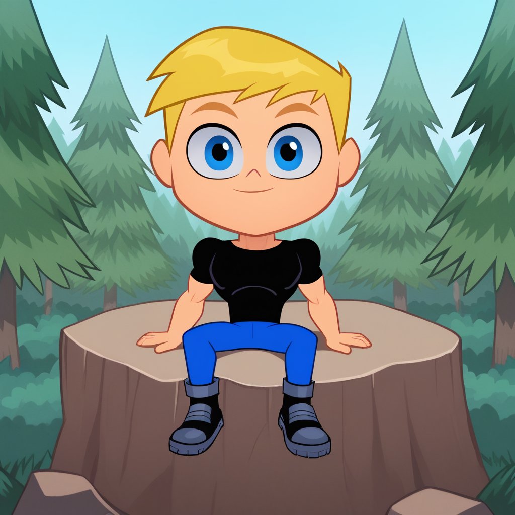 score_8_up, BREAK, TTG, chibi, 1boy, solo, blonde hair, blue eyes, short hair, muscular, black shirt, blue pants, sitting on rock, <lora:TeenTitanGo_PXL_Leaf2:1>, looking at viewer, forest, blue sky,