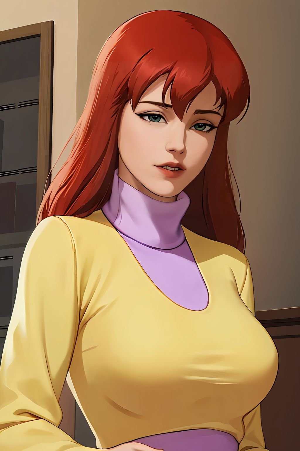 absurdres, mary jane watson, upper body, yellow sweater with purple turtleneck <lora:Mary Jane Watson_v1:1>