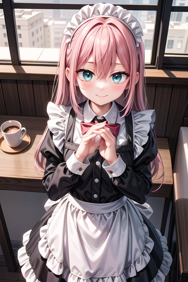 insanely detailed, absurdres, ultra-highres, ultra-detailed, best quality,1girl, solo, nice hands, perfect handsBREAK(cleavage:-1.5),(classical maid:1.2),apron, blush, bow, bowtie, frilled apron, frills, long sleeves, maid, maid apron, maid headdress, waist apron, white apron,(maid costume, maid hair dress:1.3), long skirtBREAKhappy smile, laugh, closed mouthBREAKfrom above,standing, cowboy shot, looking at viewerBREAKslender, kawaii, perfect symmetrical face, ultra cute girl, ultra cute face, ultra detailed eyes, ultra detailed hair, ultra cute, ultra beautifulBREAKin coffee shop, indoors, depth of field, ultra detailed backgroundBREAKmedium breastsBREAK(pink hair, dark green eyes), long hair, hair between eyes