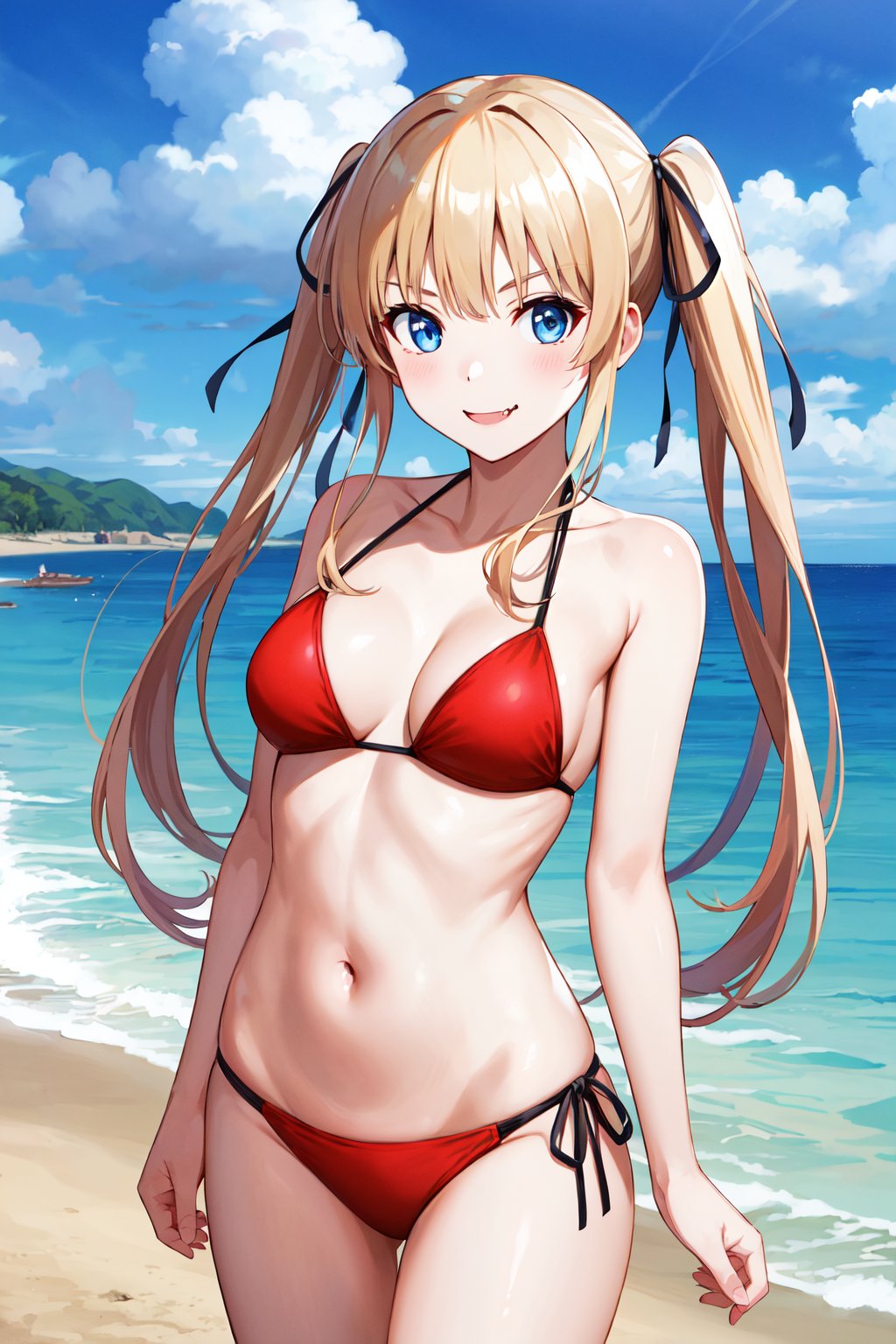 masterpiece, best quality, highres, aaeriri, long hair, twintails, hair ribbon, fang, red bikini, string bikini, <lora:sawamura_spencer_eriri_v1:0.7>, standing, cowboy shot, smile, beach