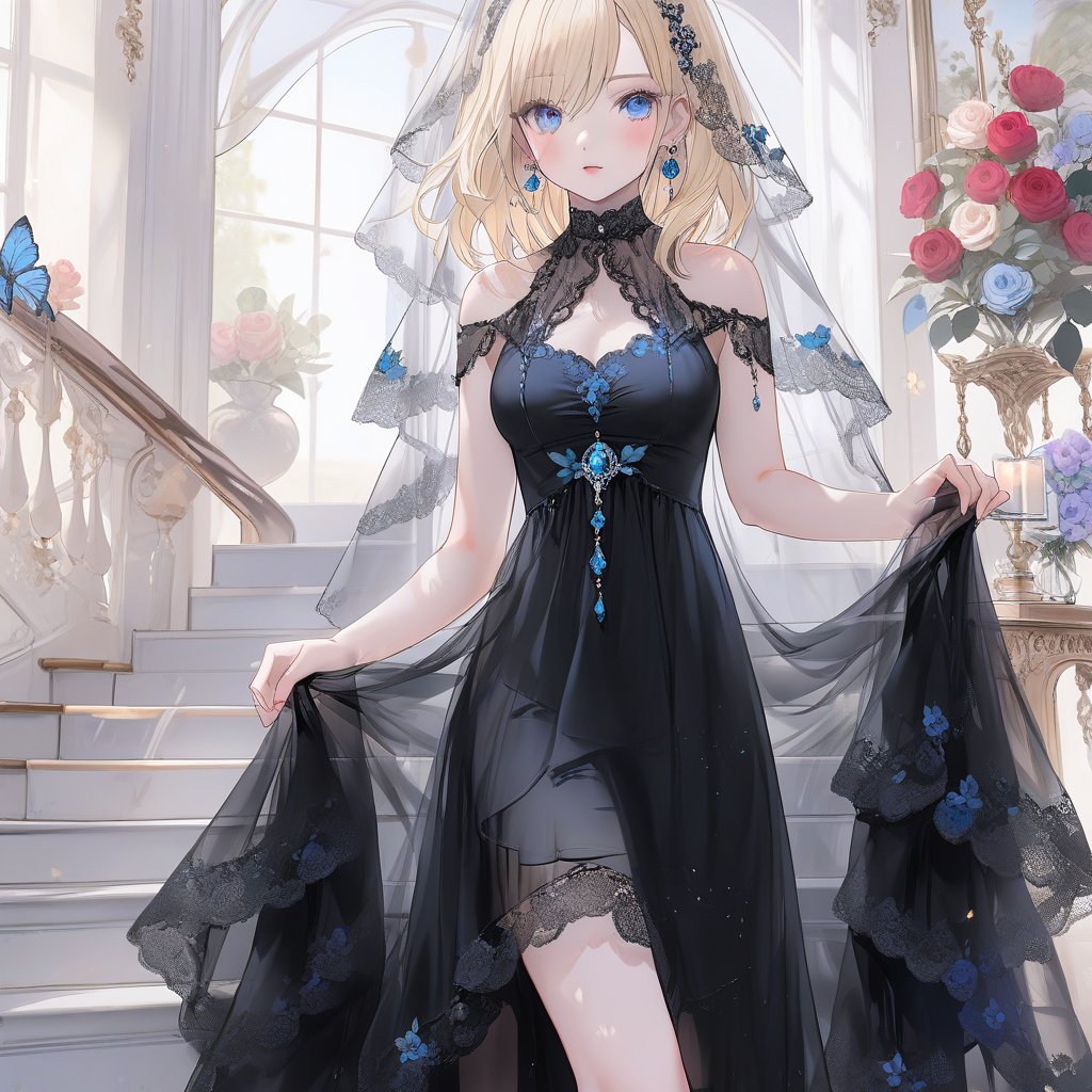 1girl, solo, breasts, looking at viewer, blush, bangs, blue eyes, blonde hair, hair ornament, dress, jewelry, medium breasts, standing, flower, thighs, cowboy shot, earrings, parted lips, indoors, medium hair, white dress, black dress, see-through, covered navel, rose, veil, pelvic curtain, stairs, arch