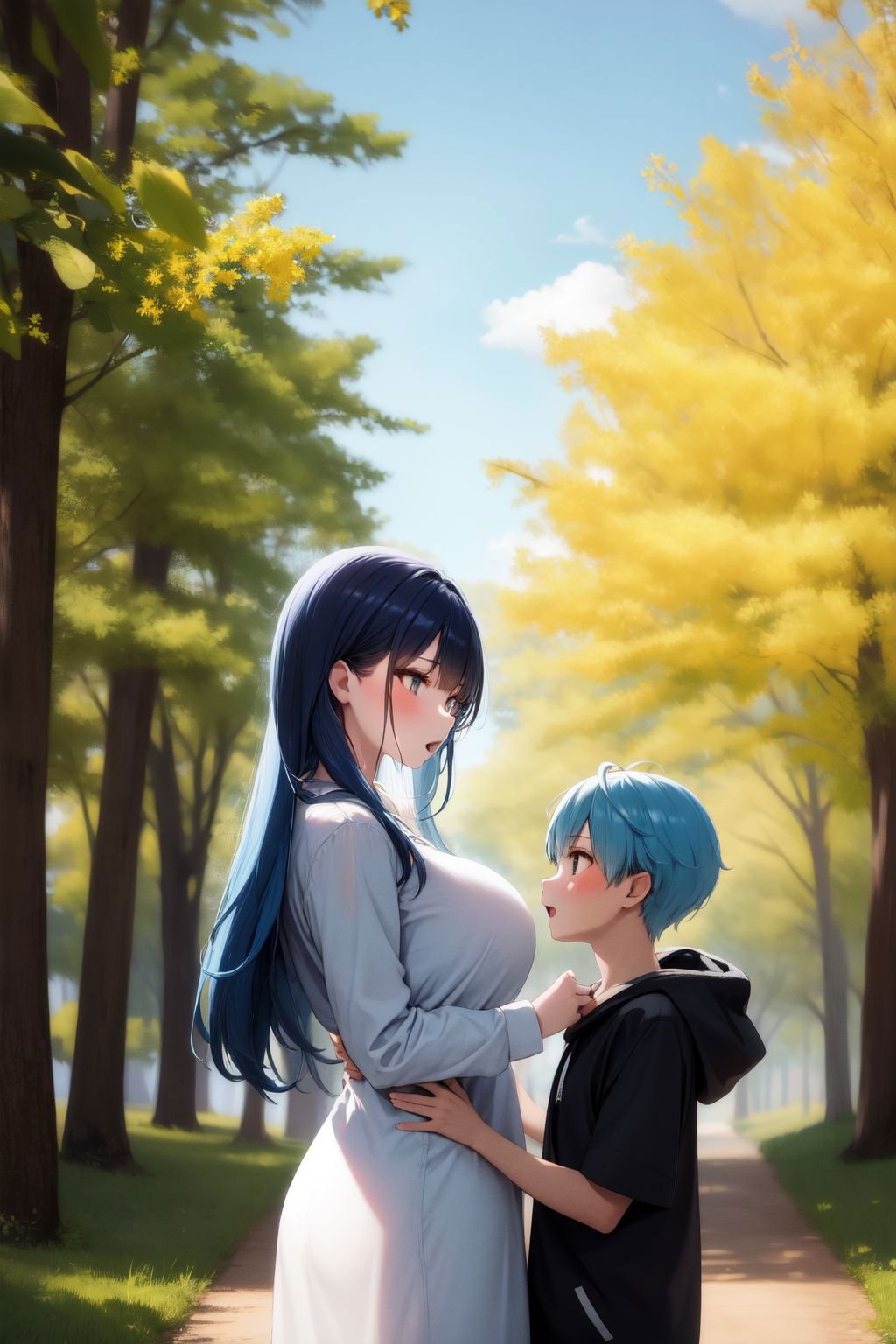 <lora:bigsislitbro_cpt_v01.10.10.02:1>, bigsislitbro, girl and boy, 1girl, long hair, blue hair, breasts, hoodie, 1boy, shot hair, dress shirt, blue hair, size difference, outdoors