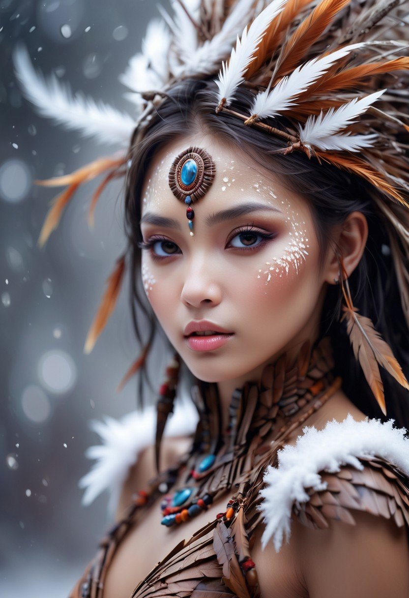 Real sharp photo, snowing, snowflakes in the air, blurred background, Upper body focus. Portrait. Masterpiece photgraphy. Exotic beautiful native American princess, female,very small revealing dress made with feathers, magic, alluring, sultry, full-length, female-body, hazel-eyes, bright, , OverallDetail. beautiful blurry background, perfect face and eyes, hyper-detailed hypermaximalist dynamic. Realistic.