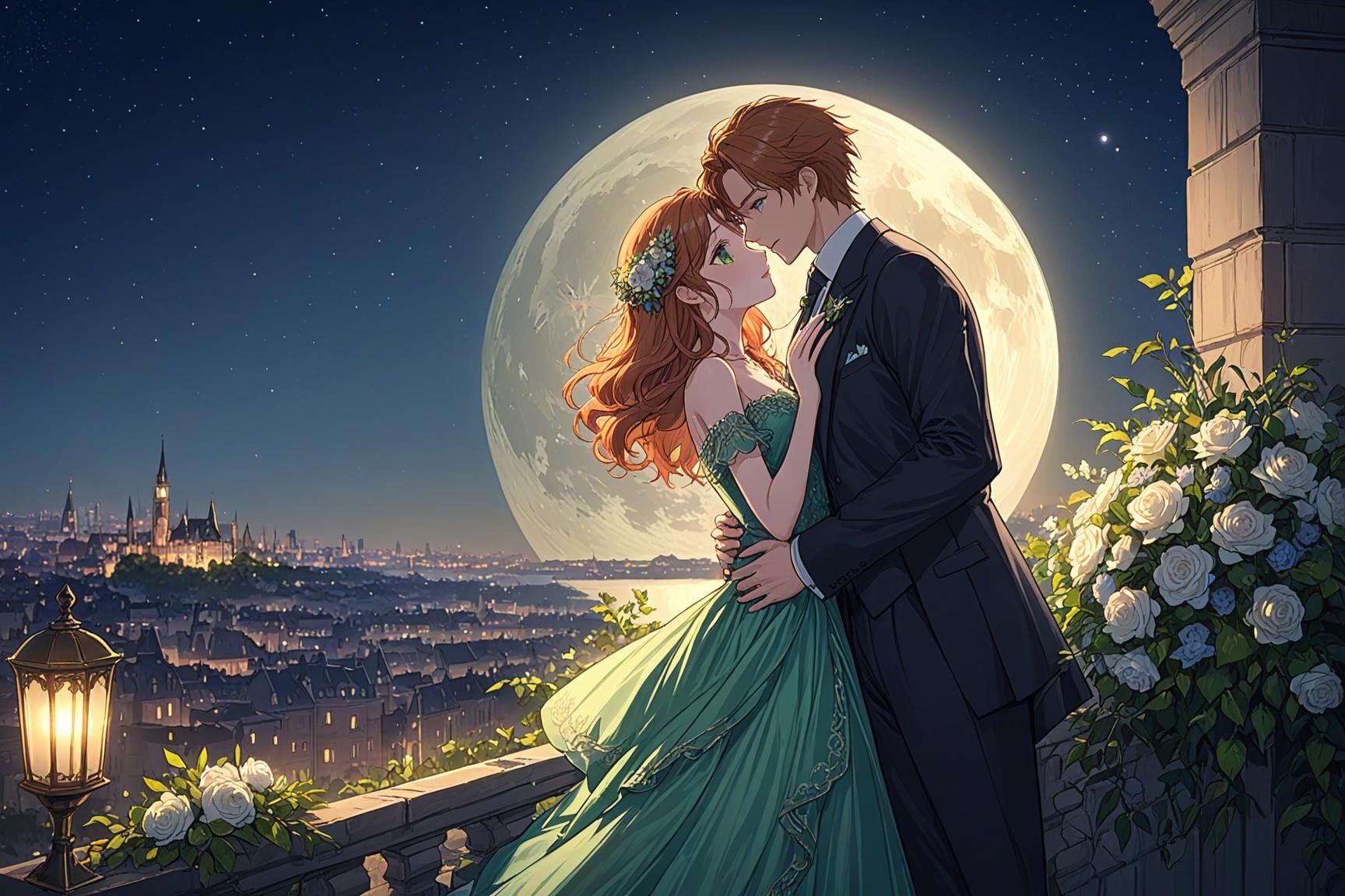 (best quality),((masterpiece)),(highres),original,extremely detailed 8K wallpaper,(an extremely delicate and beautiful),anime,\\,woman on the night embankment,leaning on the parapet,ginger hair,green eyes,evening luxurious dress,brunette (man:1.2) in a suit with a bouquet of flowers,full moon,detailed night sky,detailed night city,cinematic,light shining,sharp focus,highly intricate,elegant,very coherent,innocent,designed,shiny,