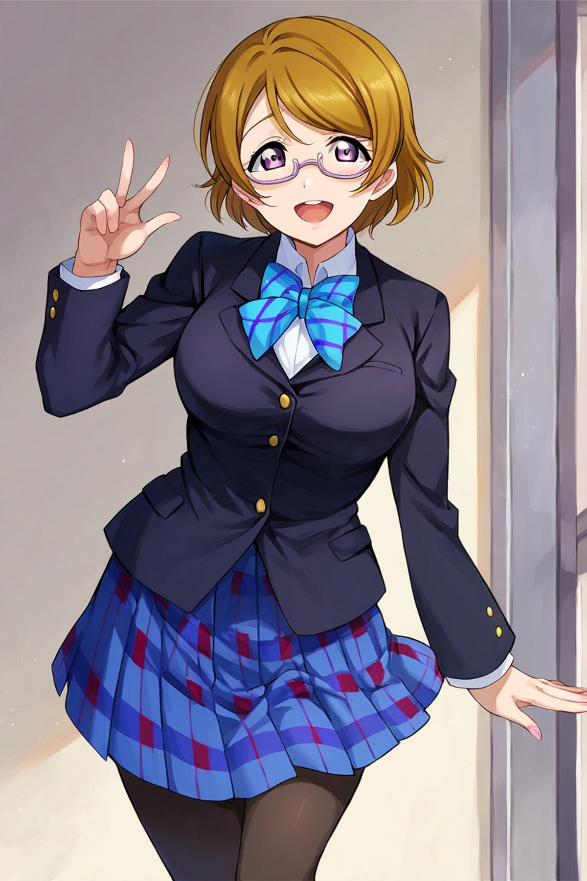 score_9, score_8_up, score_7_up, source_anime BREAK 1girl, solo, lovelive_hanayo, <lora:lovelive_hanayo:1> 150cm taller, cowboy shot, under rim glasses, school uniform, black blazer, blue plaid skirt, blue bowtie, large breasts, black pantyhose, brown hair, swept bangs, short hair, purple eyes, looking at you, smile, open mouth