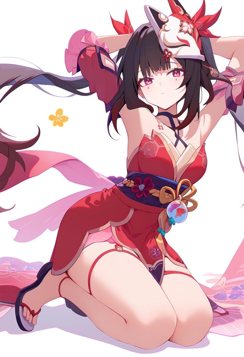 score_9,sparkle \(honkai star rail\),1girl,fox mask,solo,twintails,looking at viewer,bare shoulders,mask on head,red dress,black chokerkneeling, arms behind head, seiza,solo,looking at viewer,flower,full body,simple background,white background,score_9,<lora:pony_char_sparkle_(honkai_star_rail)-000013:1>