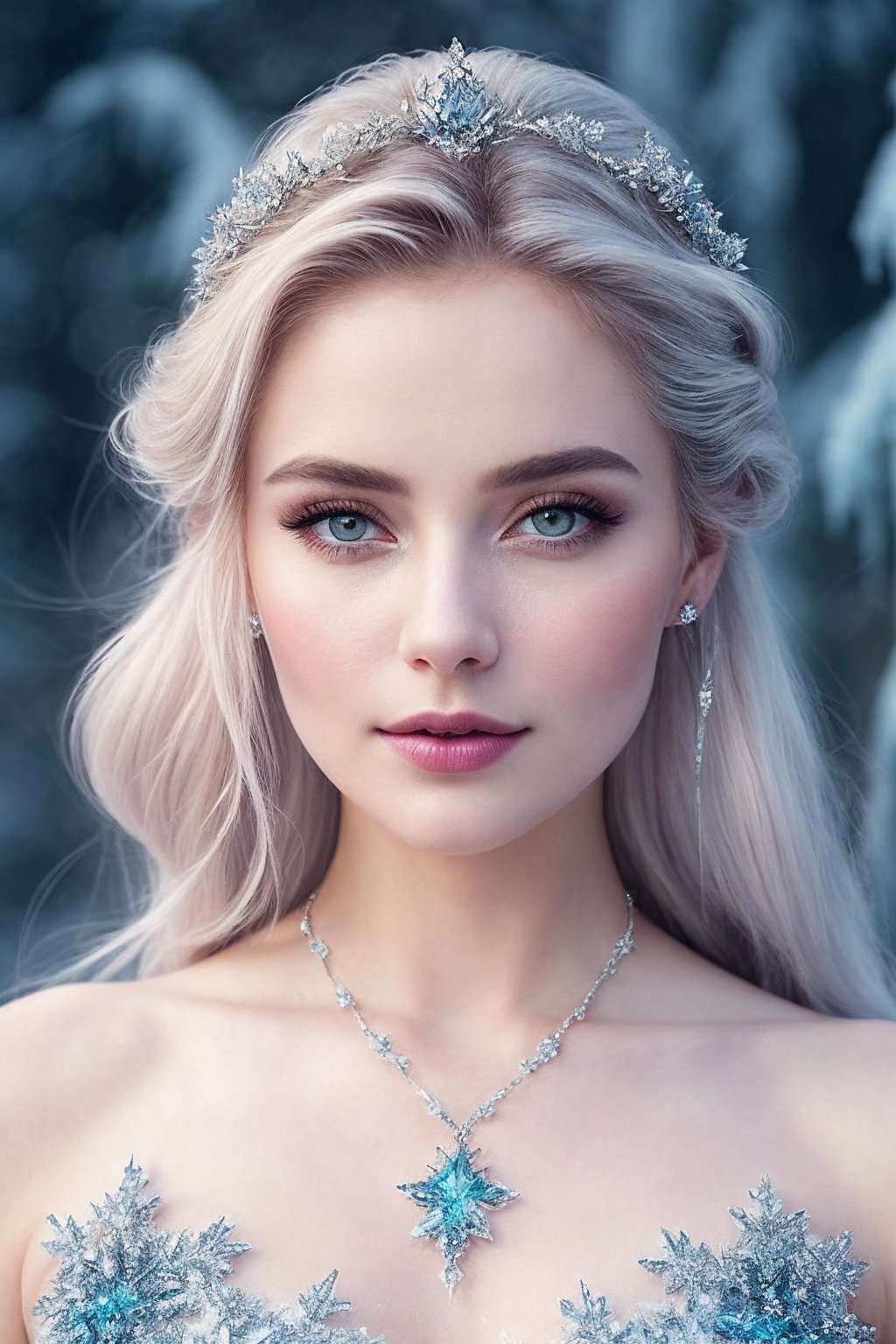 a beautiful woman, perfect hair,Elegant and ethereal attire, featuring icy and frosty elements, graceful and enchanting pose, close-up shot, (digital, cool and icy colors, a touch of magical filters), (Enchanted Frozen Kingdom Setting, with snow-covered landscapes, shimmering ice castles, and a sense of magical wonder), sparkling and mesmerizing eyes, a serene and enchanting expression, rosy and frost-kissed lips, (frozen gaze: 1.1), delicate and enchanting accessories, (magical shot: 1.3), (soft and cool lighting, creating a magical and ethereal atmosphere with a soft and icy glow),<lora:add_detail:0.5>