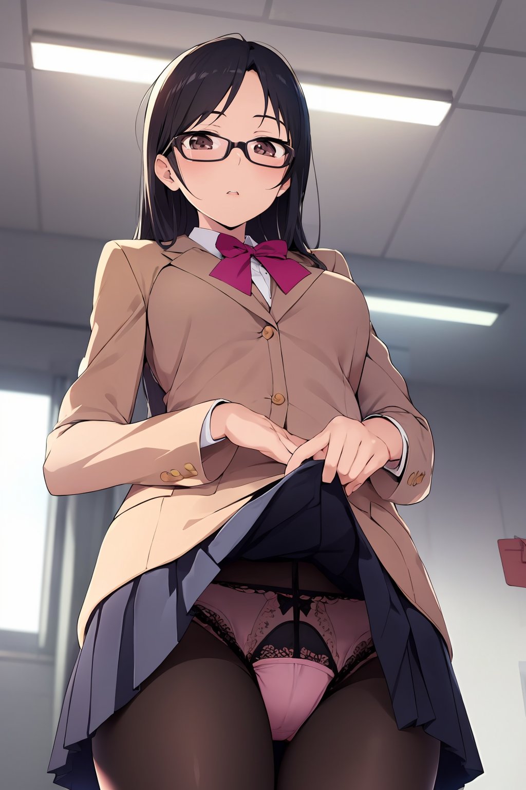 anime girl in glasses and a skirt with a folder in her hand, 1girl, solo, long hair, looking at viewer, skirt, black hair, brown eyes, pantyhose, abdominal press,  school uniform, glasses, indoors, from below, pink-framed eyewear,  black panties, 