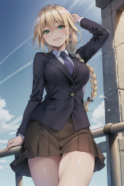 masterpiece, best quality, 1girl,suit_skirt,blonde hair, green eyes,long braid,light smile, single braid,   <lora:RYUSEI:0.6>