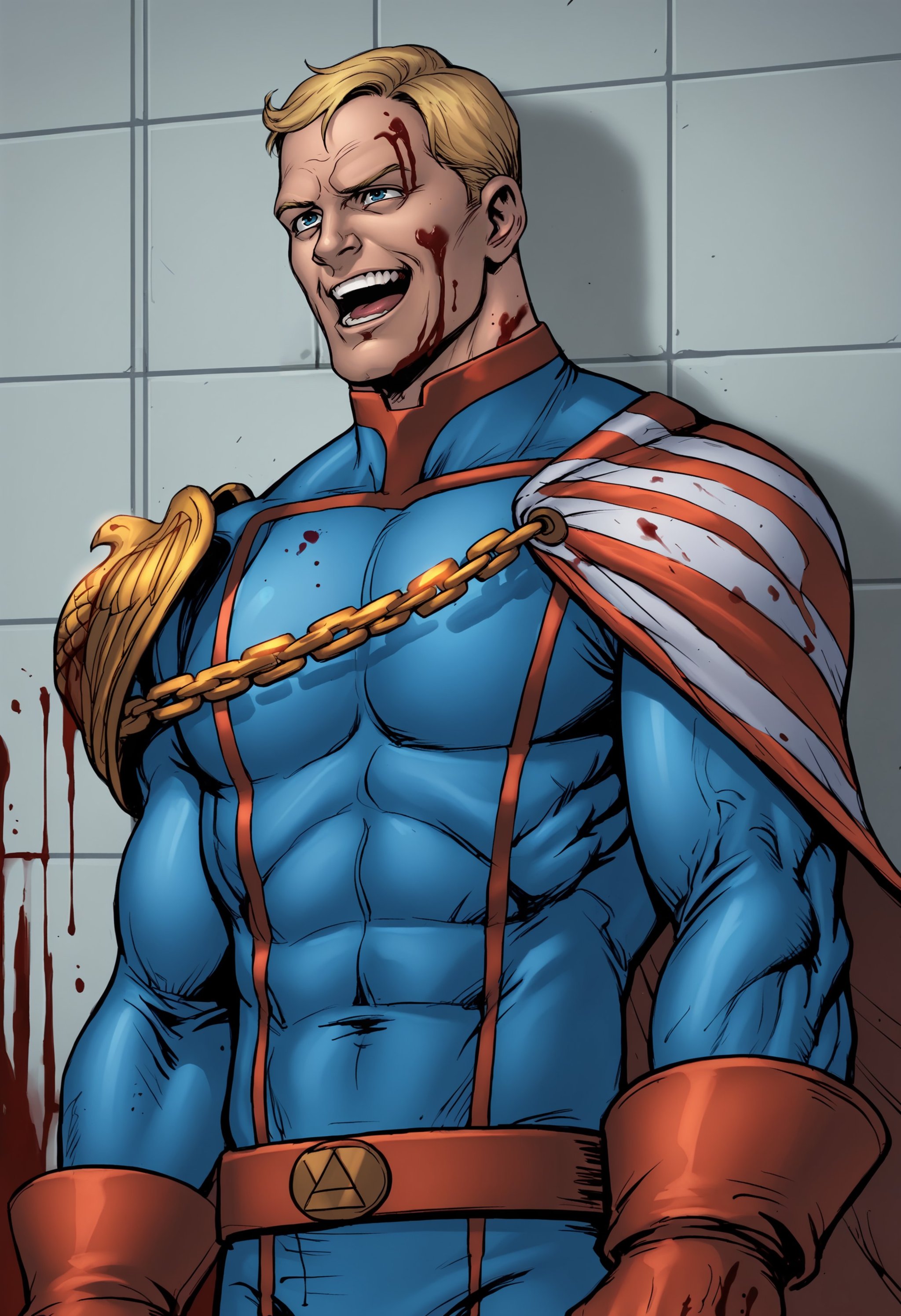 score_9, score_8_up, score_7_up, score_6_up, score_5_up, score_4_up, 1boy, <lora:HomelanderComics:0.9> male focus, solo, blonde hair, blue eyes, muscular, muscular male, superhero, cape, belt, chain, bodysuit, gloves, upper body, standing, laughing, blood, blood everywhere, excessive blood, blood on hands, wall, (blood pool), bloody background,