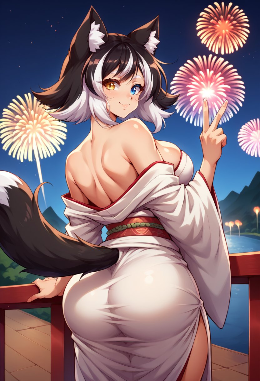 score_9,score_8_up,score_7_up BREAK 1girl,katmzm,solo,from behind,fireworks,night,v,large breasts,black hair,streaked hair,white hair,blue eyes,heterochromia,yellow eyes,animal ears,white kimono,off shoulder,tail,looking back,smile,happy,<lora:Kat_Mazume-000005:1>,