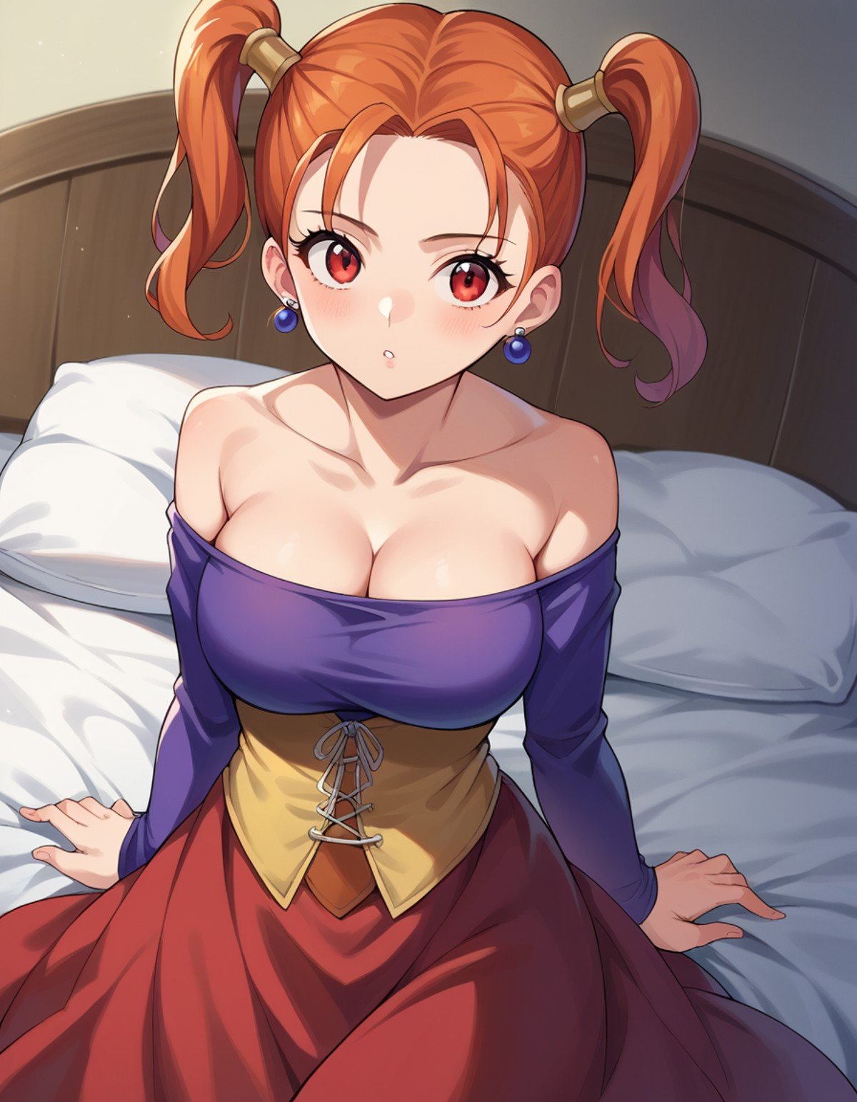 score_9, score_8_up, score_7_up, source_anime,jessicaalbert, <lora:jessica-albert-ponyxl-lora-nochekaiser:1>,jessica albert, orange hair, red eyes, twintails,bare shoulders, cleavage, dress, earrings, jewelry, off shoulder, off-shoulder dress, purple shirt, shirt, strapless, strapless dress, corset,indoors, bed, bed room, on side,looking at viewer, dutch angle, cowboy shot,