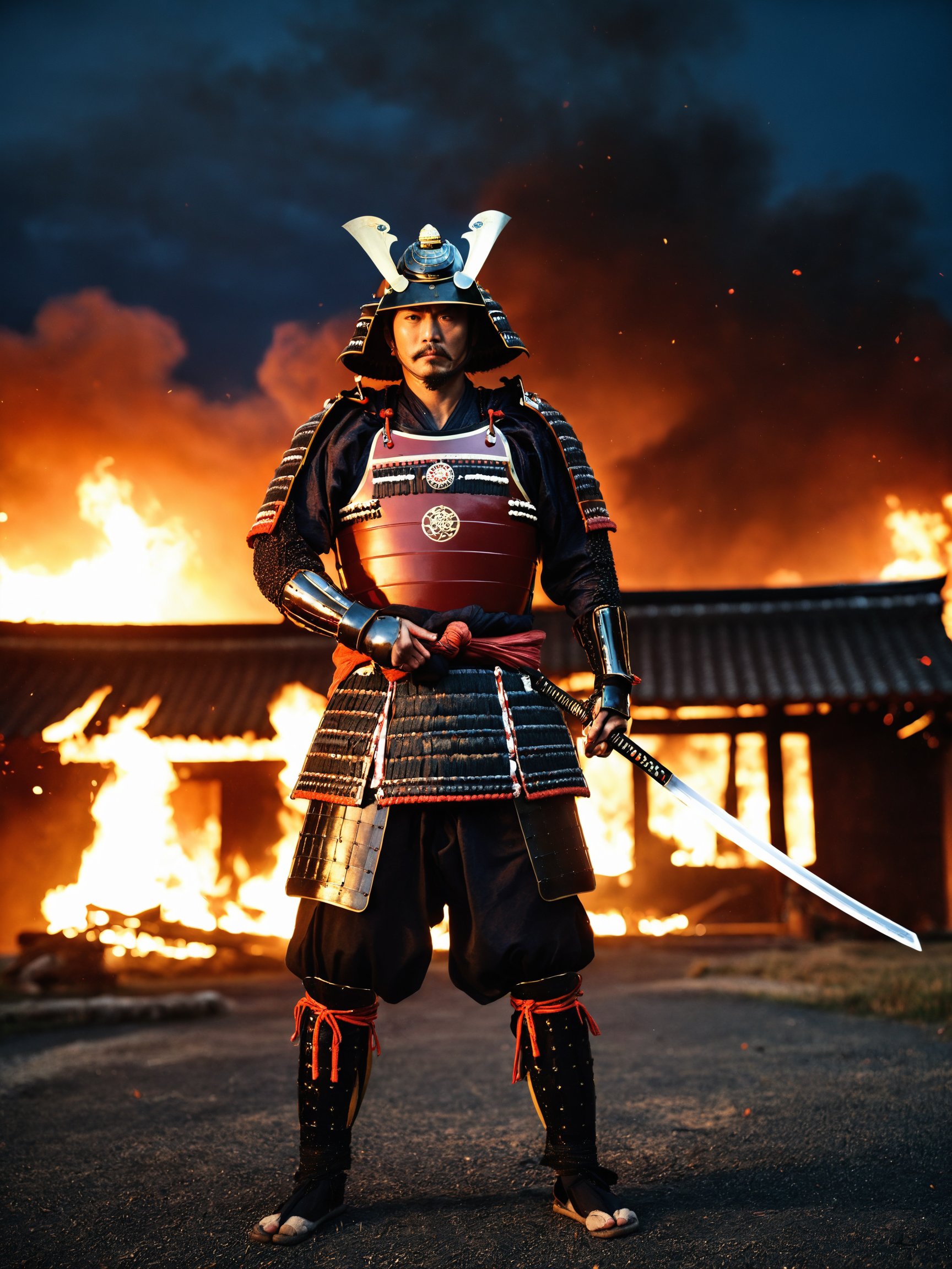 best quality, masterpieces,a man with angry face in samurai armor without mask who preparing to draw his sword and standing in front of devastated houses which on fire, firing background,midnight, dark sky, blood moon, dark theme, heavy shadow, film photography, soft focus, soft lighting, subsurface scattering, realistic,<lora:hina_samurai_armor_sdxl_rank32:0.5>