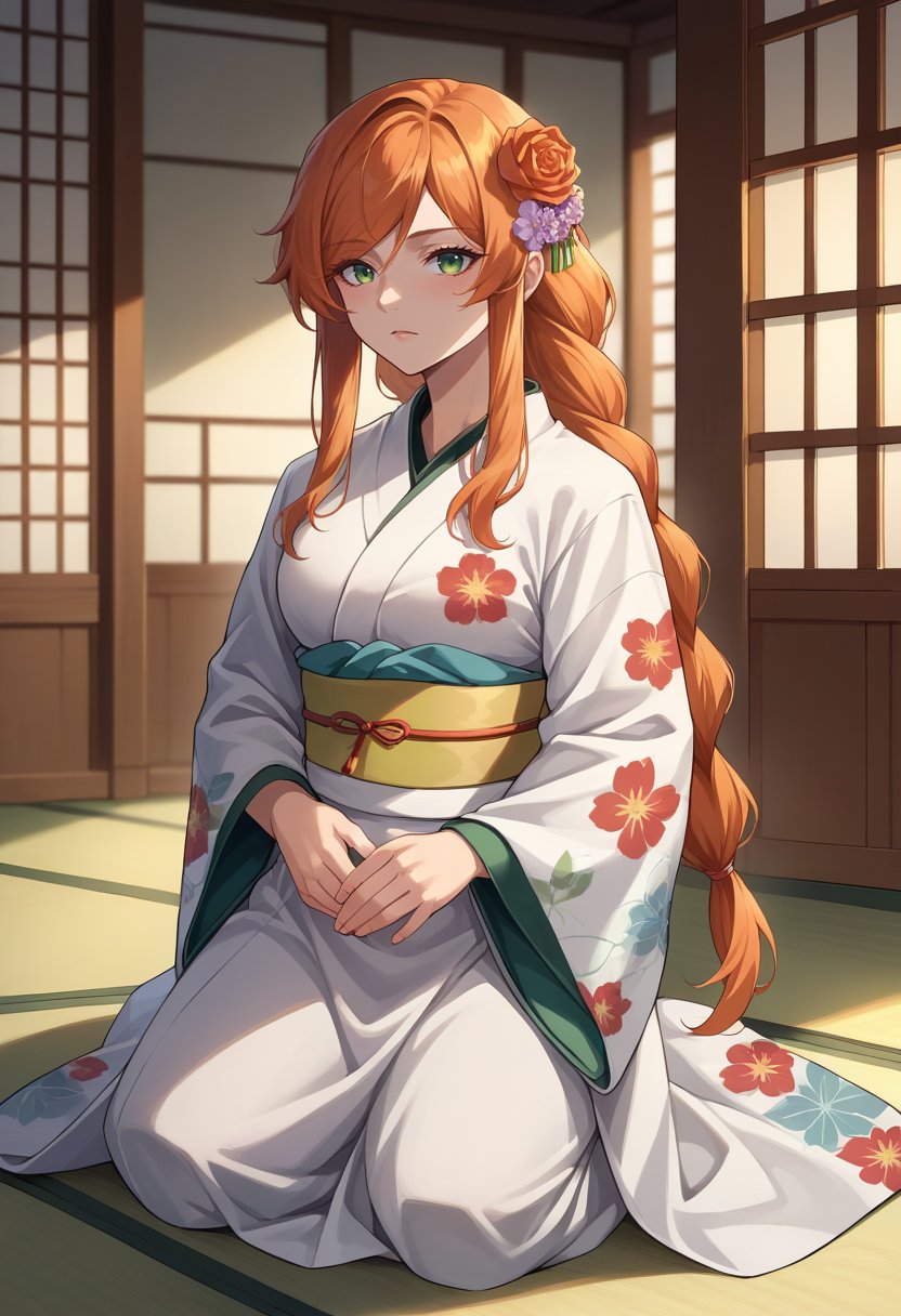 score_9, score_8_up, source_anime, 1girl, solo, FlammeFrieren, orange hair, green eyes, long hair, braided ponytail, indoors, kimono, hair flower, floral print, wariza, kneeling, <lora:ChamFlammePonyXL:1>