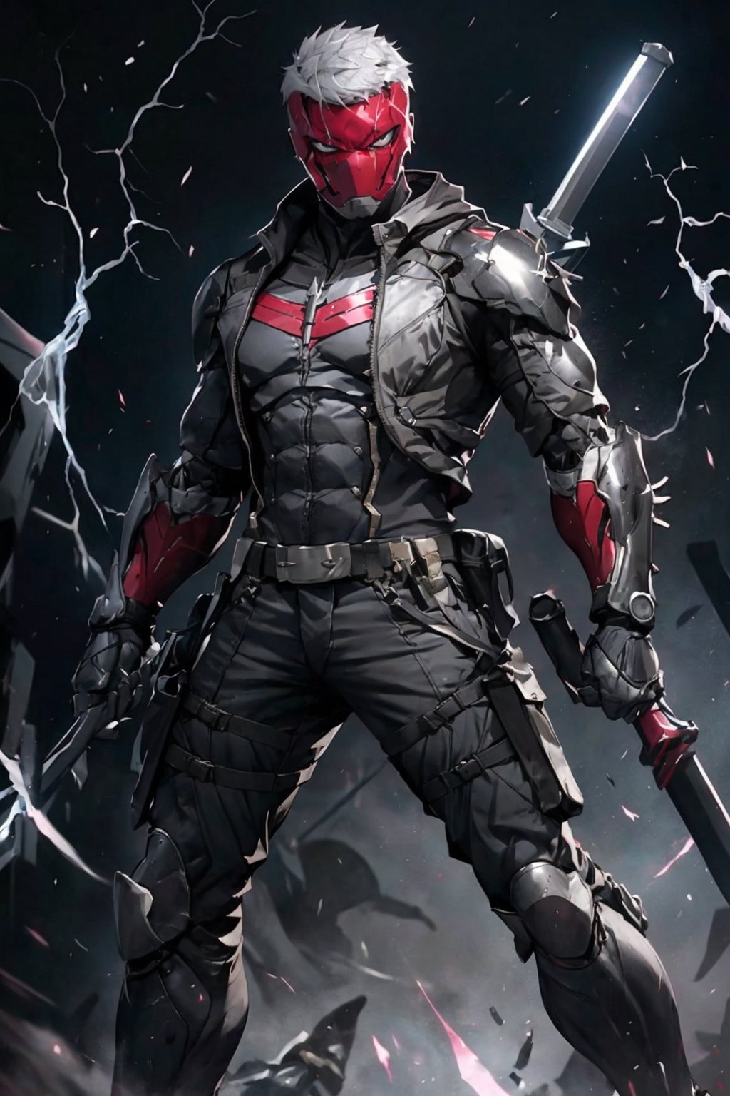 an accurate and detailed full-body shot of a male superhero character named Wraith, tall and lean bulid, (Crimson half-mask:1.3), exposed cybernetic red eye, grafted cybernetic jawline, (Spiky white fringe hair:1.2), (choppy black undercut hairstyle:1.2), Skintight black ninja-tech suit with crimson energized circuitry, (electric blue biker jacket), asymmetric collar, rolled sleeves, Gunmetal armor plates on shoulders, chest emblem, (Fitted burgundy leather moto-pants), (blue-gray armorized cargo panels), Knee guards, armored greaves, black combat boots, cyberized gunmetal strike gauntlet, Holsters, sheaths, tech-utility pouches, holding an obsidian high-frequency katana, masterpiece, high quality, 4K, raidenmgr, nero, rhdc, a man, red helment, brown leather jacket, gray skintight suit, gloves, belt, boots<lora:EMS-75483-EMS:0.400000>, <lora:EMS-14003-EMS:0.500000>, <lora:EMS-311133-EMS:0.500000>