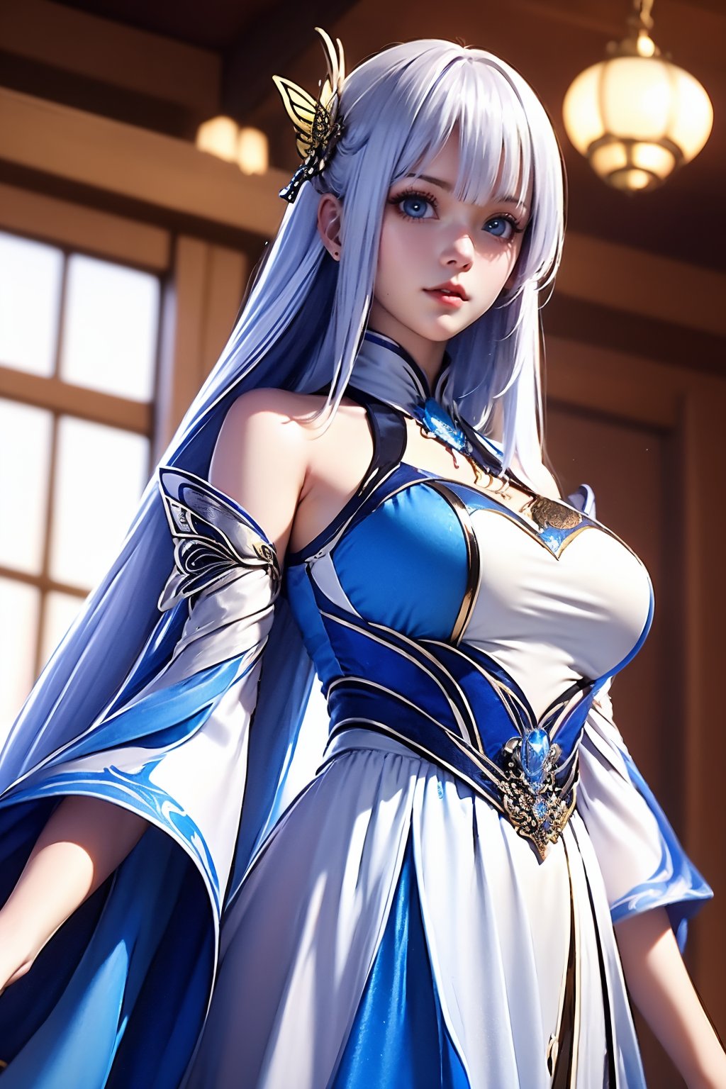 1girl, solo, long hair, blue eyes, hair ornament, detached sleeves, dress, blurry background, bare shoulders, blurry, looking at viewer, breasts, blunt bangs, white hair, butterfly hair ornament, white dress, upper body, closed mouth, lips, wide sleeves, blue dress, indoors, realistic, large breasts, medium breasts, grey hair, very long hair, skirt